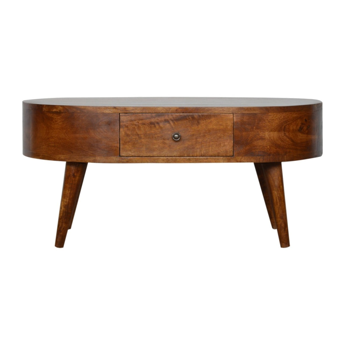 Chestnut rounded coffee table with a centered drawer, shown from the front on white