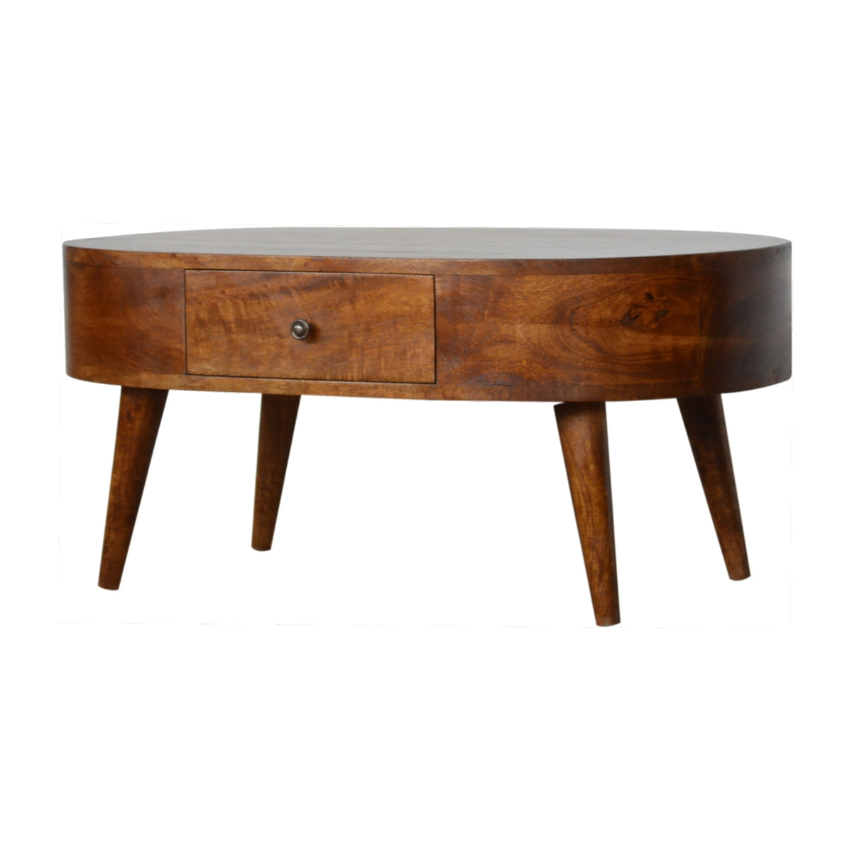 Chestnut coffee table shown from the opposite front angle with its drawer visible