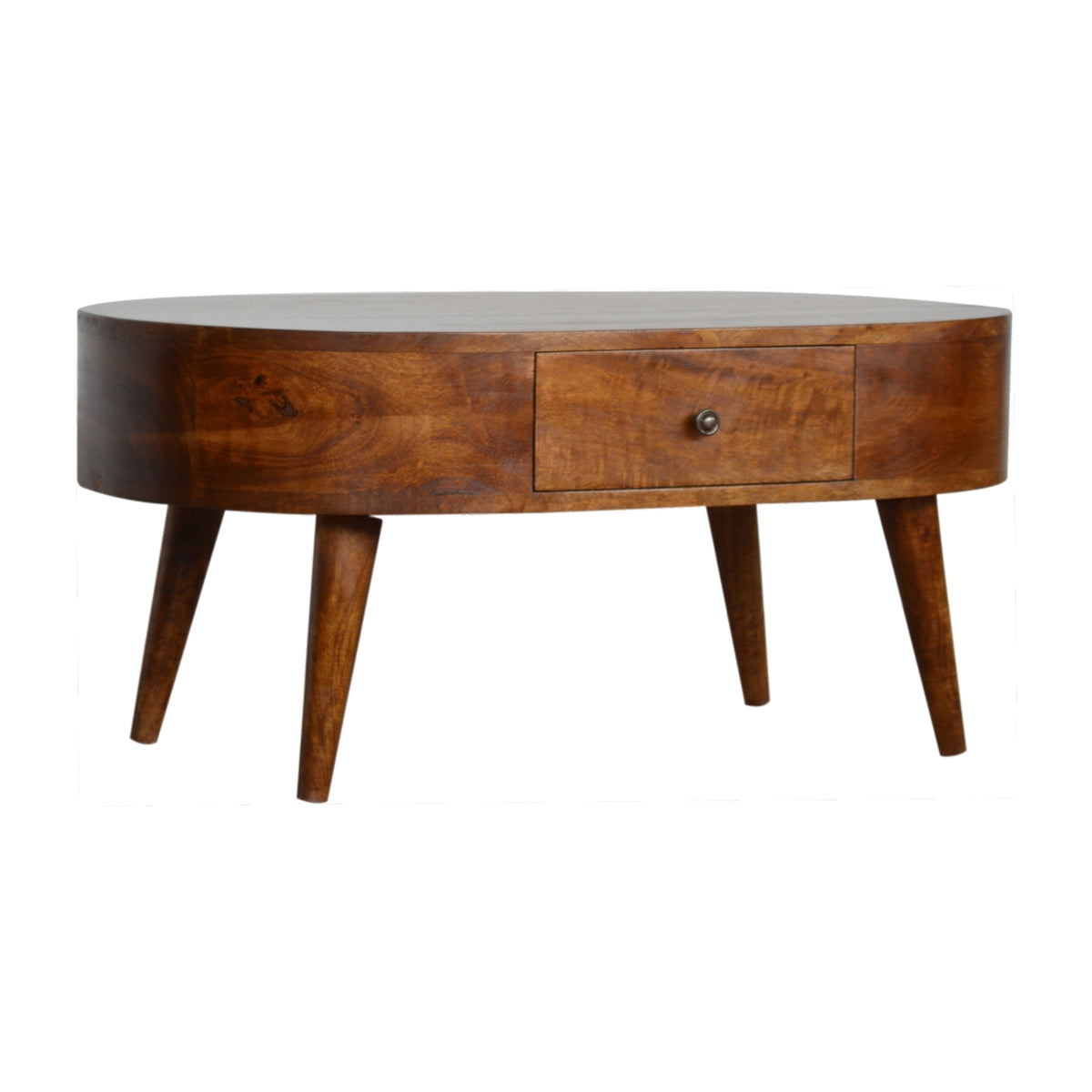 Chestnut rounded coffee table with tapered legs, shown at a front angle on white