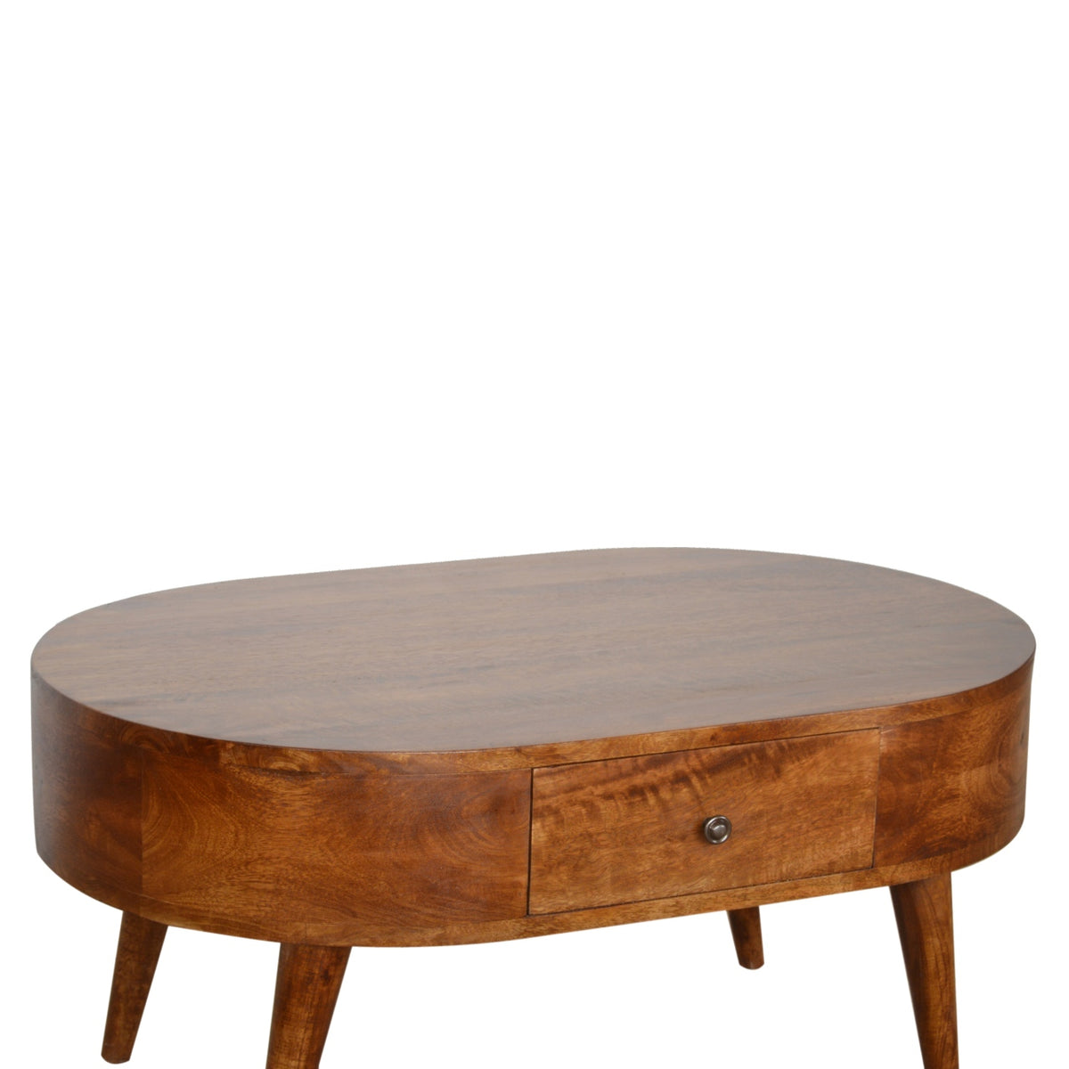 Chestnut rounded coffee table viewed from above at an angle, with the drawer closed
