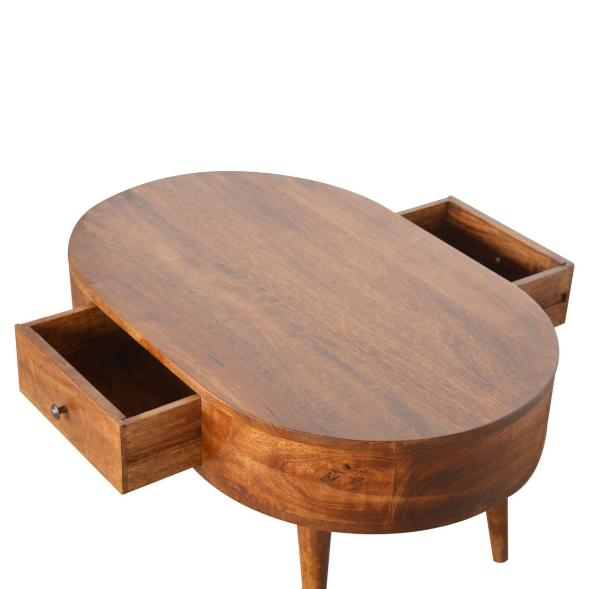 Overhead angled view of the chestnut coffee table with both drawers pulled open