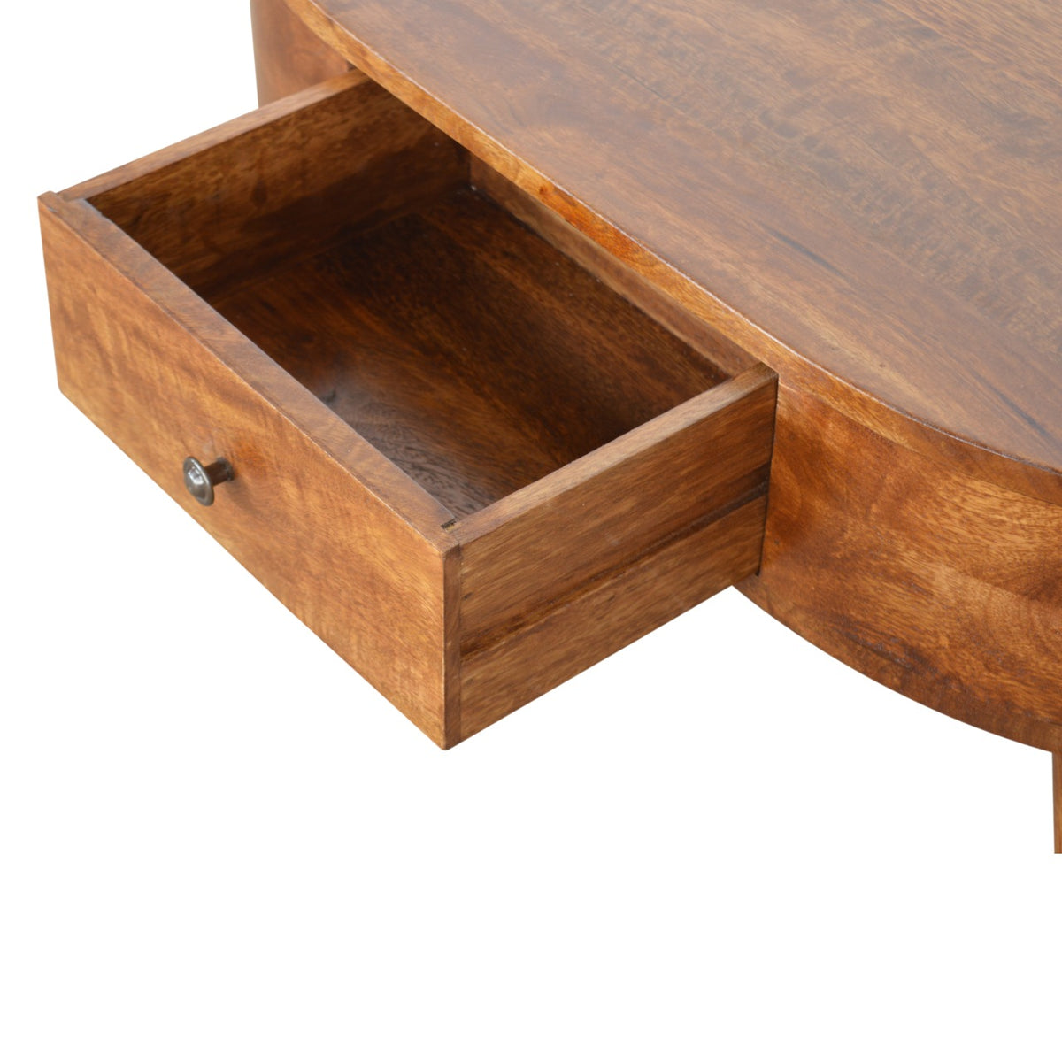 Close-up of an open wooden drawer and knob on the chestnut coffee table
