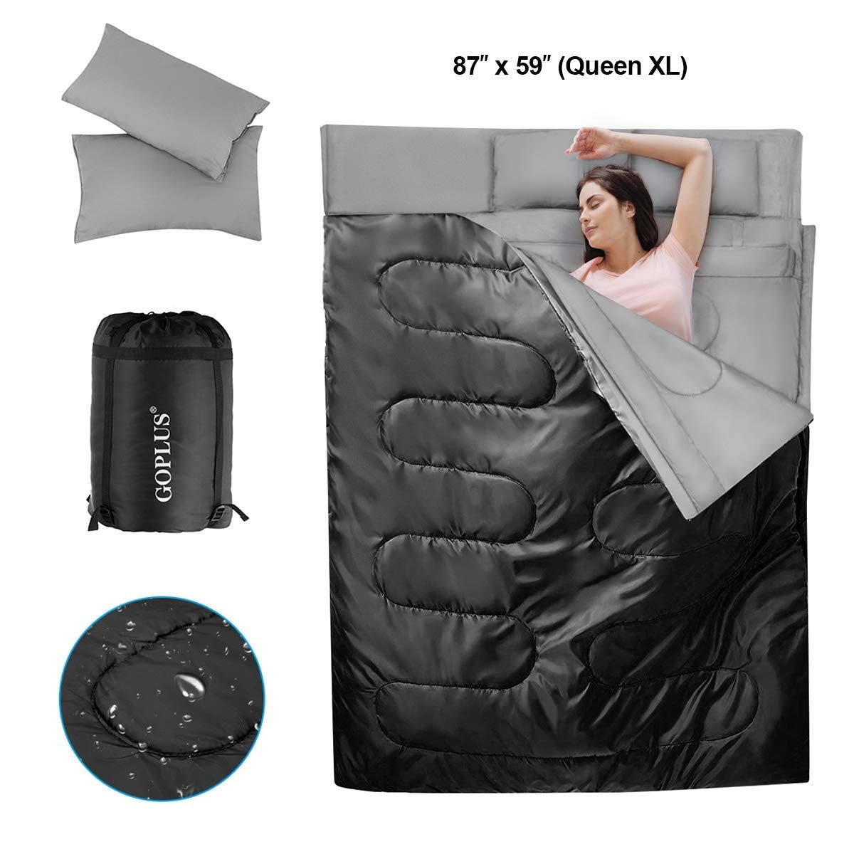 A woman rests under a black sleeping bag beside two pillows, a storage sack, and a water-beading fabric detail.