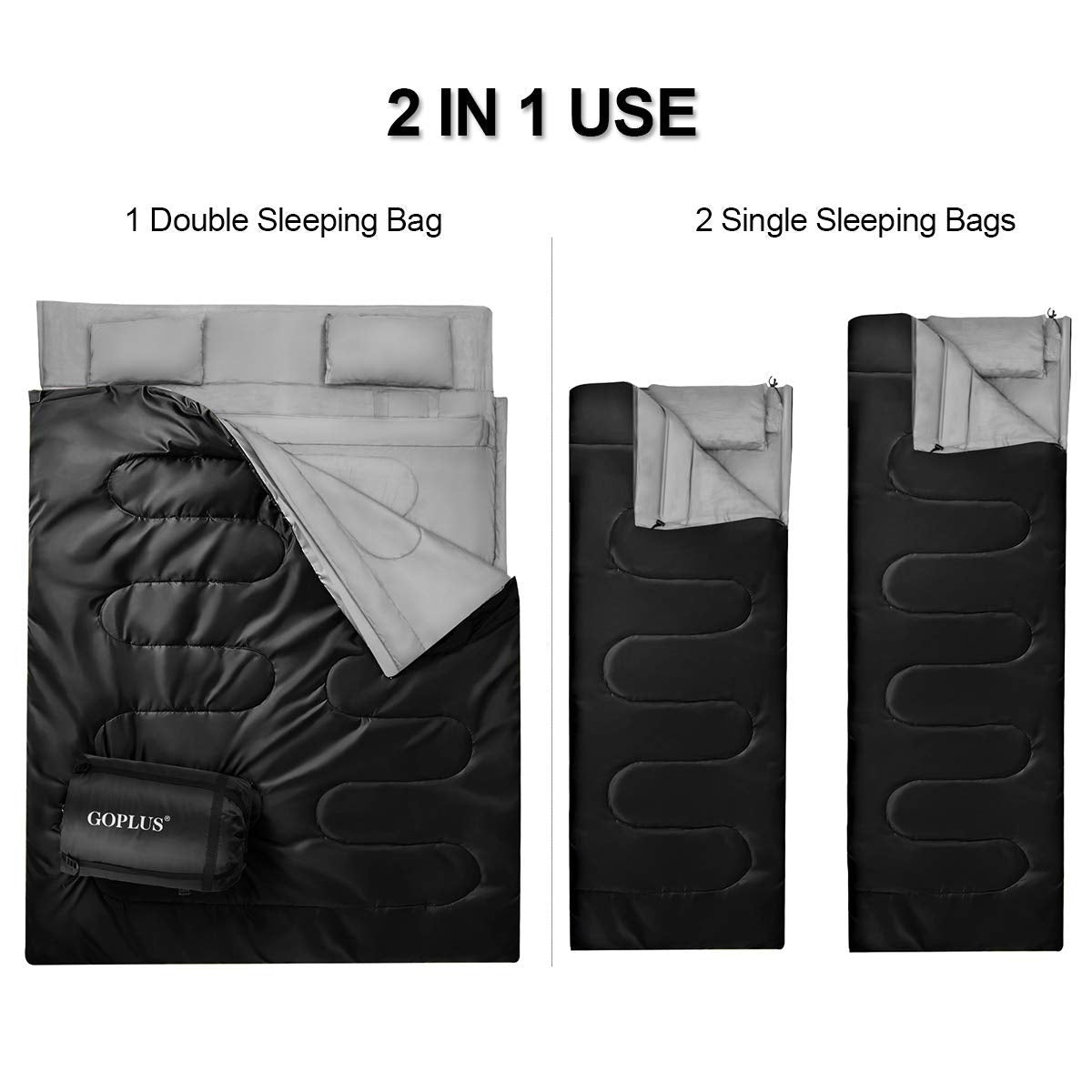 A black sleeping bag is shown as one double bag and as two separate single bags.