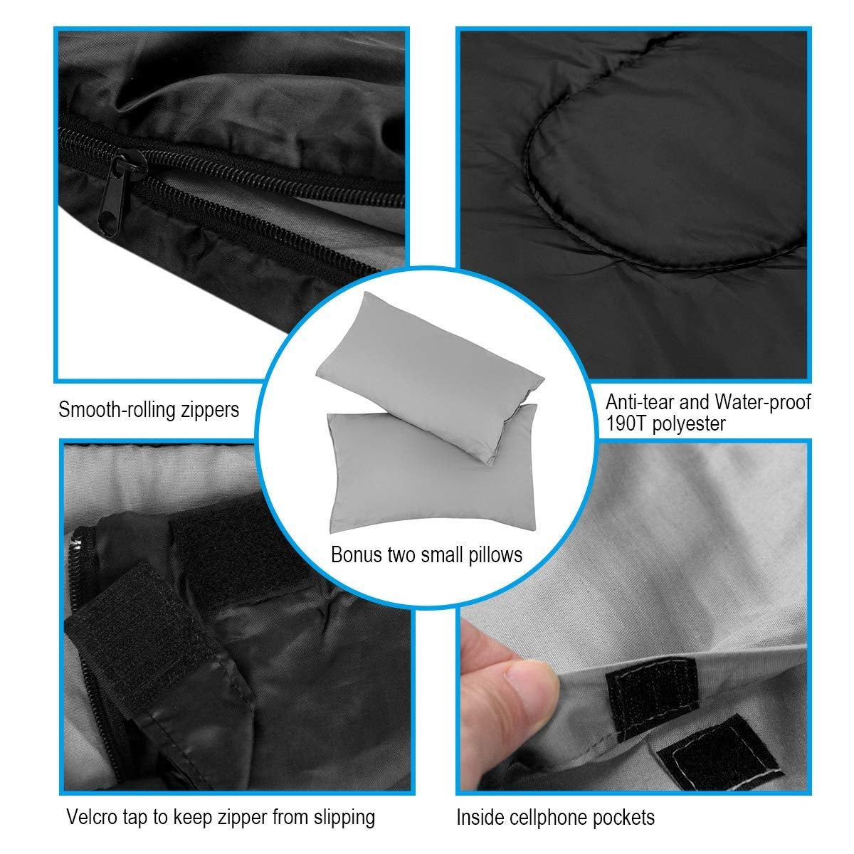 Close-ups show a sleeping bag zipper, fabric, hook-and-loop tabs, an interior pocket, and two pillows.