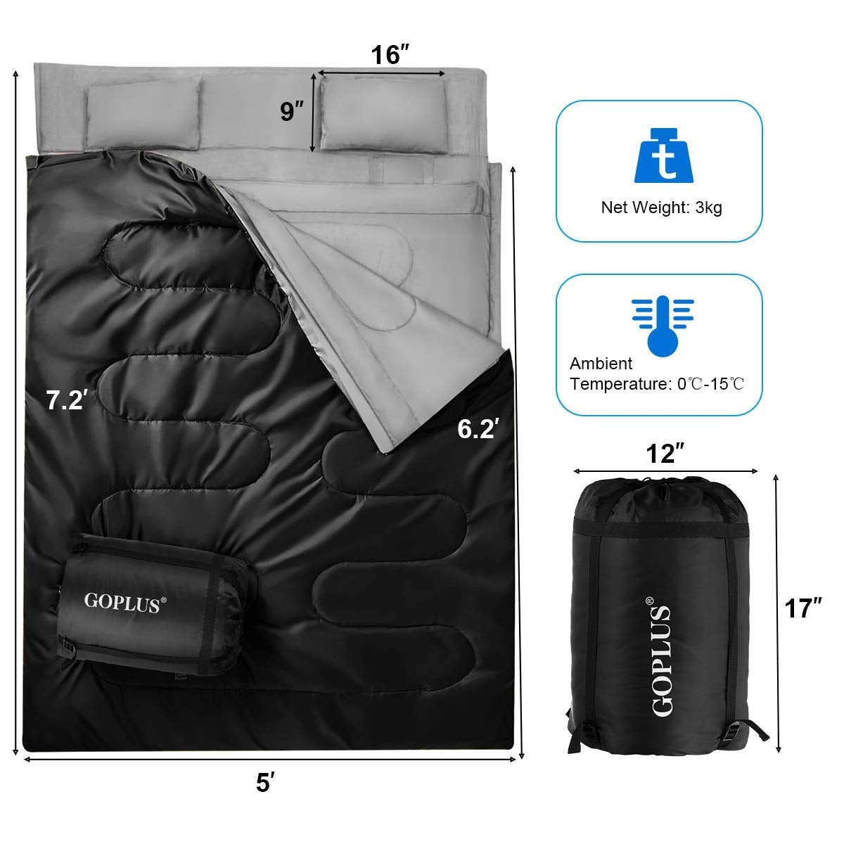 Open black sleeping bag with gray lining, pillows, and a separate stuff sack shown beside it.