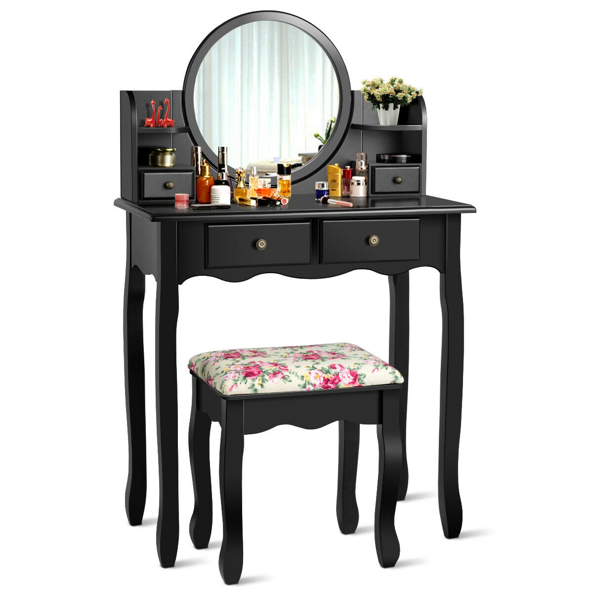 Makeup Vanity Table Set Girls Dressing Table with Drawers Oval Mirror, Black