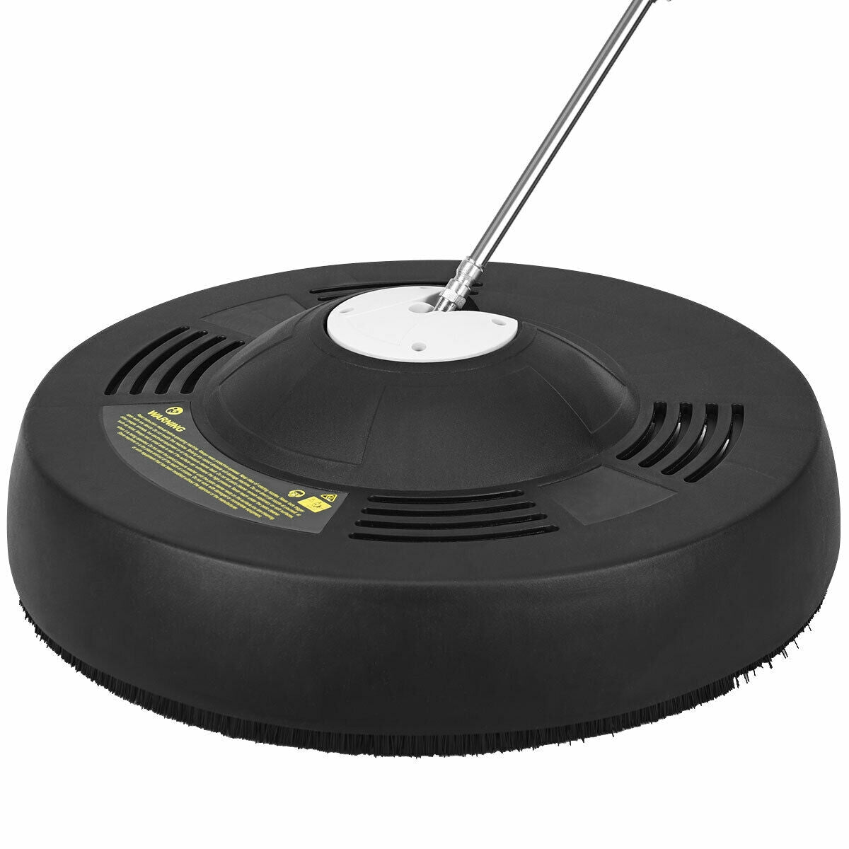 Angled view of the round black surface cleaner with its metal wand and bristle skirt.