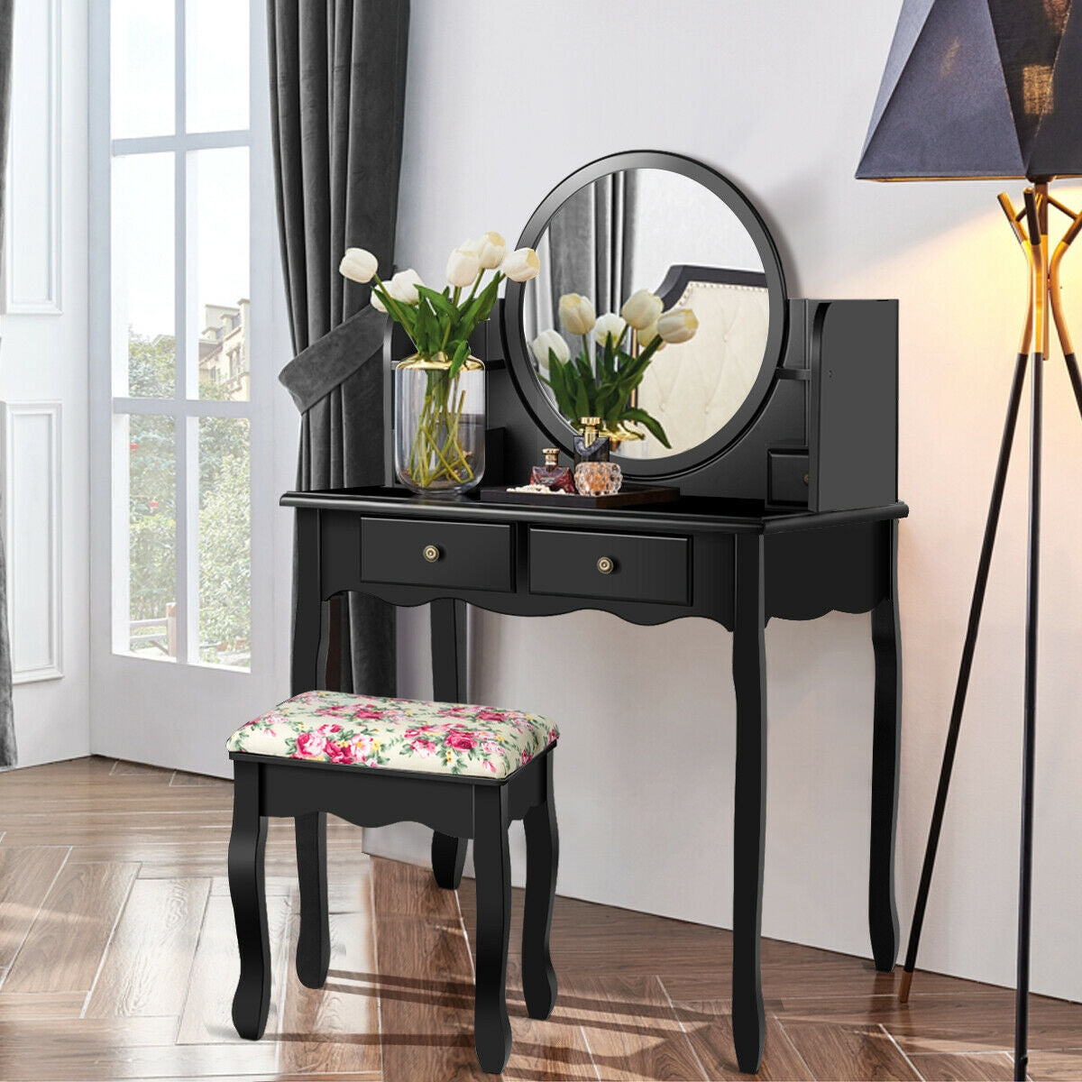 Makeup Vanity Table Set Girls Dressing Table with Drawers Oval Mirror, Black