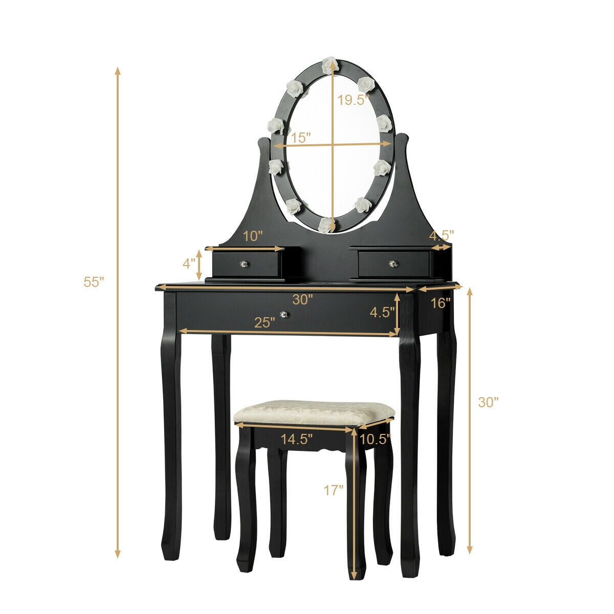 Black vanity table with oval lighted mirror and matching stool, shown with measurement arrows.