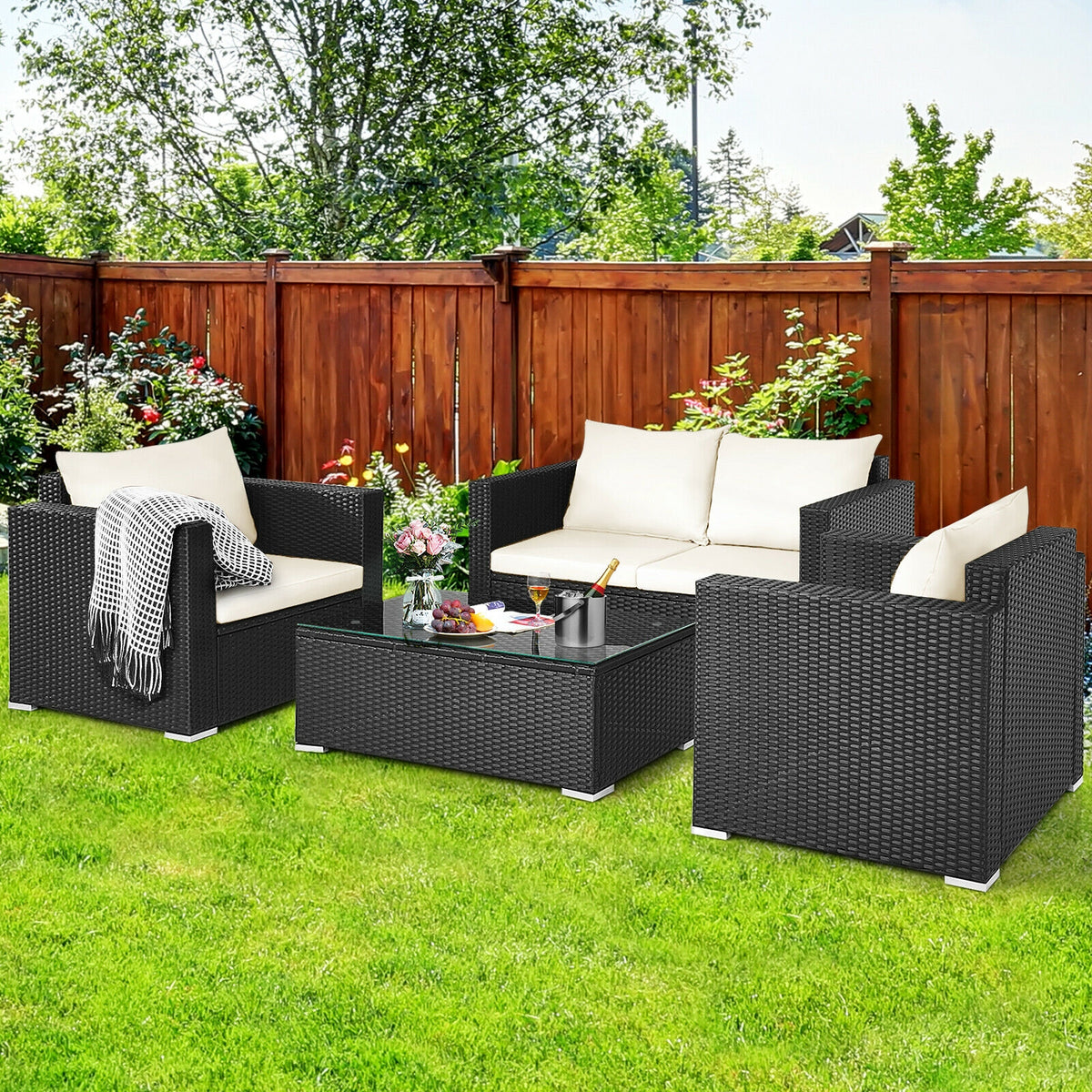 4Pcs Patio Rattan Cushioned Furniture Set