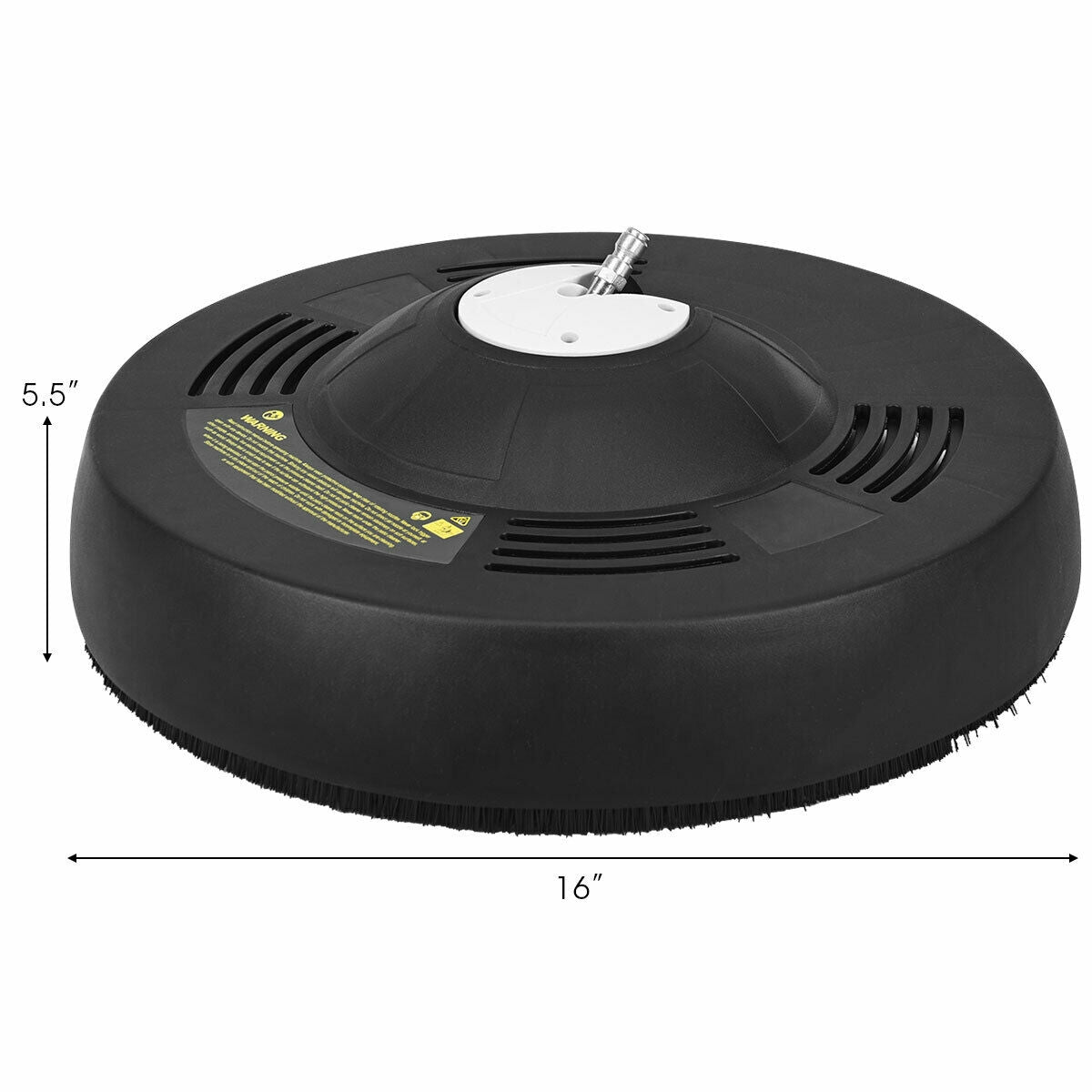 Angled view of the round cleaner with measurement arrows around its width and height.