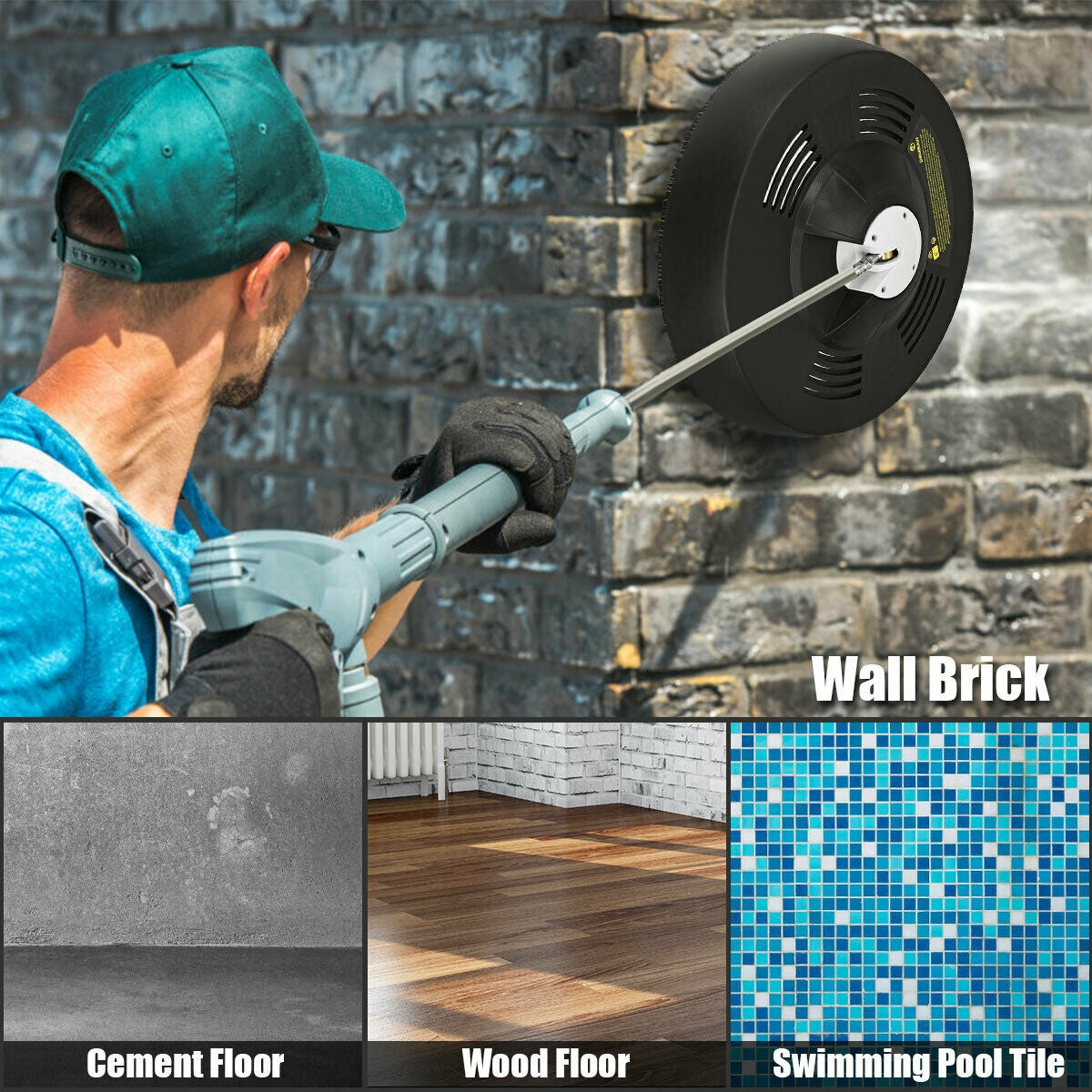 A person holds the round cleaner against a brick wall, above panels showing several other surfaces.