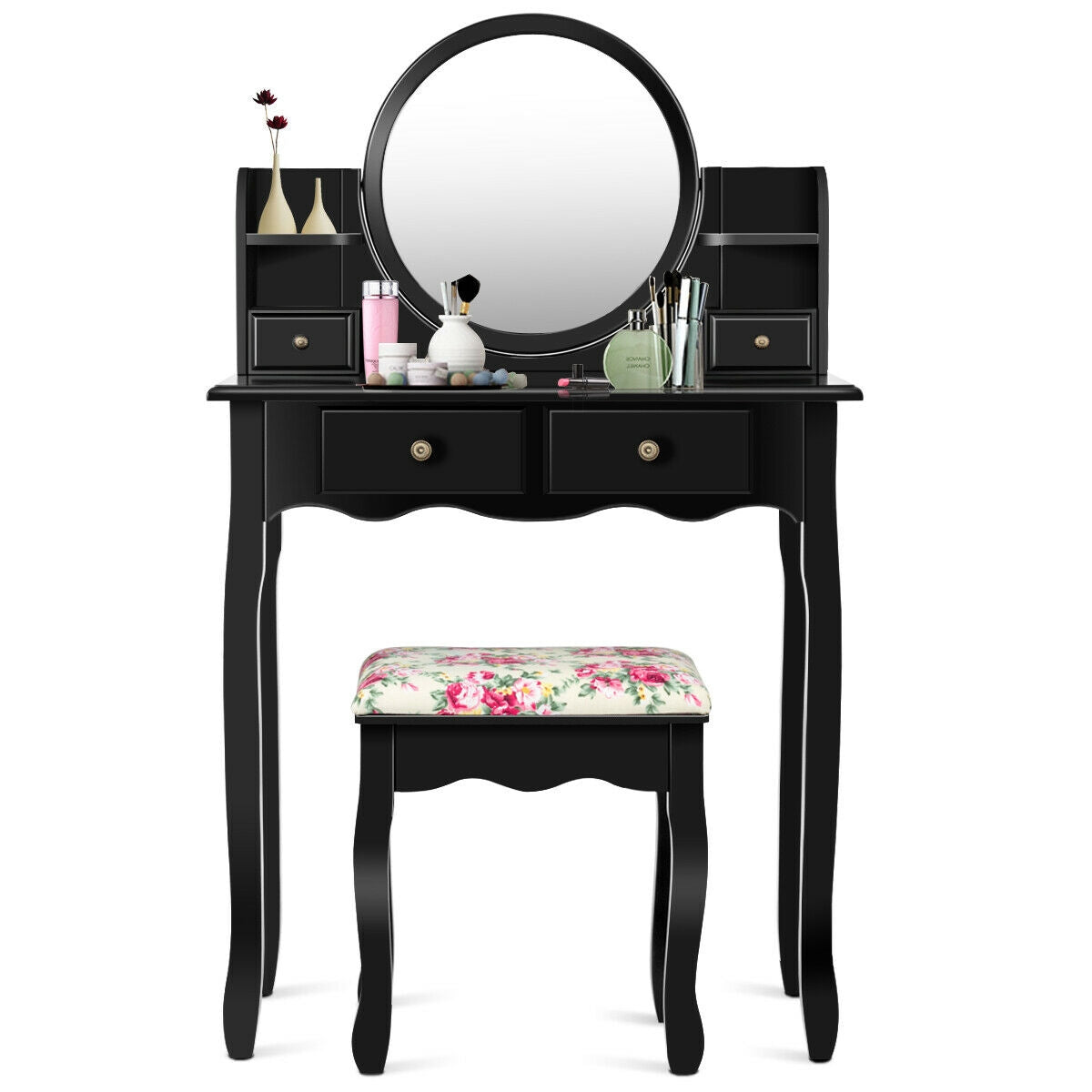 Makeup Vanity Table Set Girls Dressing Table with Drawers Oval Mirror, Black