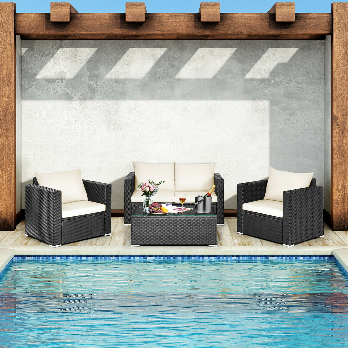 4Pcs Patio Rattan Cushioned Furniture Set