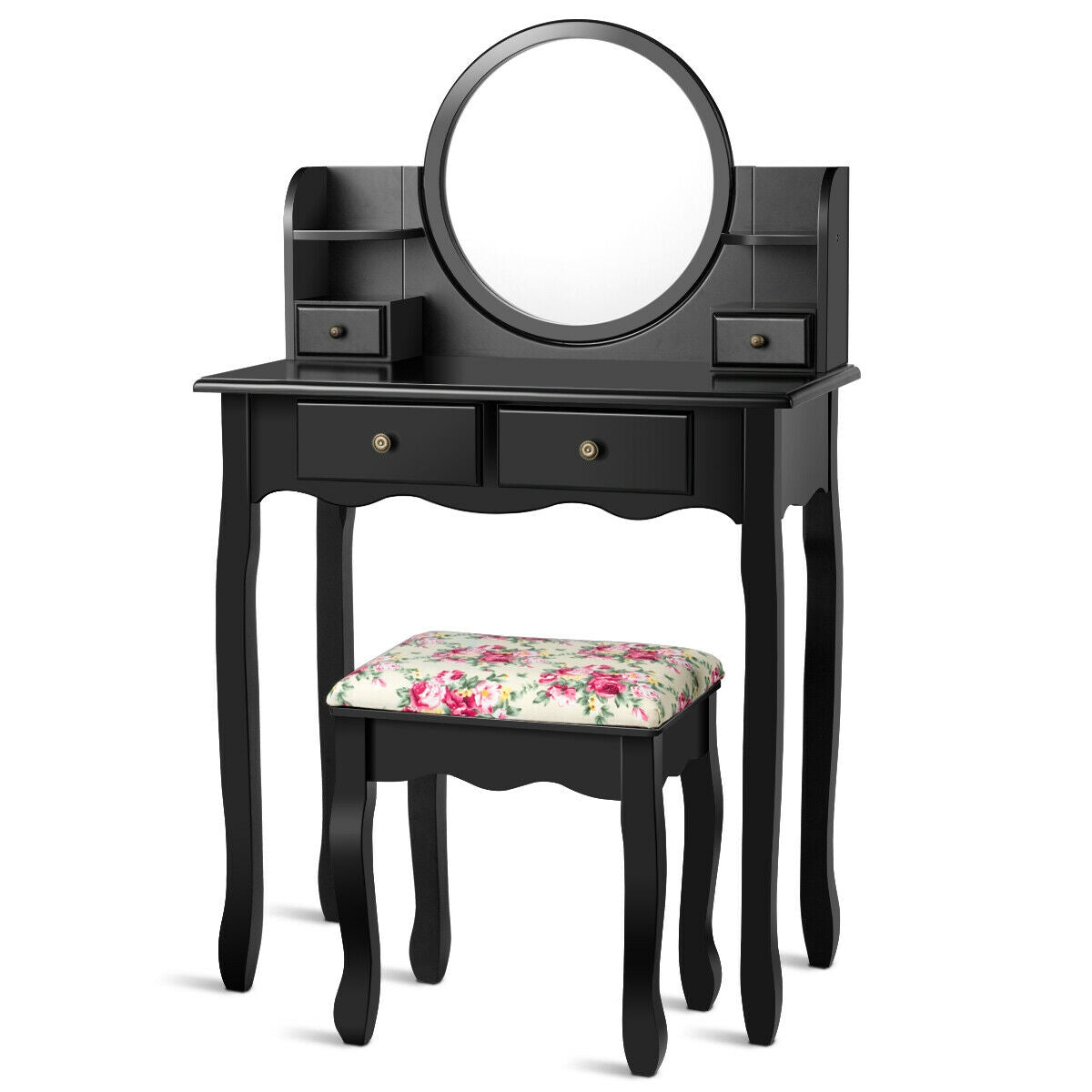 Makeup Vanity Table Set Girls Dressing Table with Drawers Oval Mirror, Black