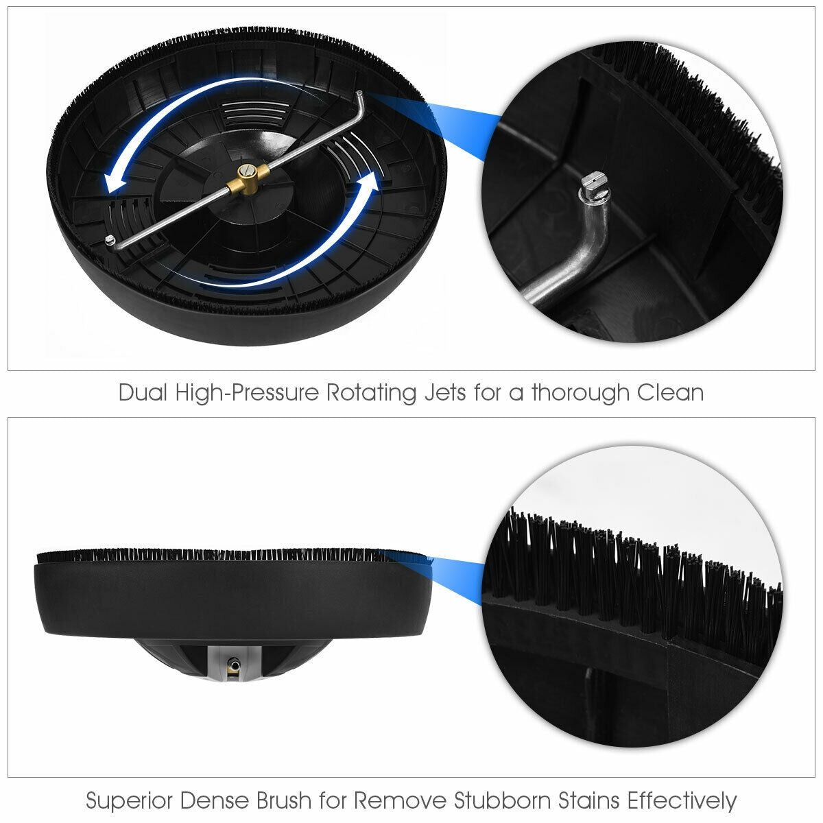 Underside of a round surface cleaner showing its rotating spray arm and a magnified view of the brush edge.