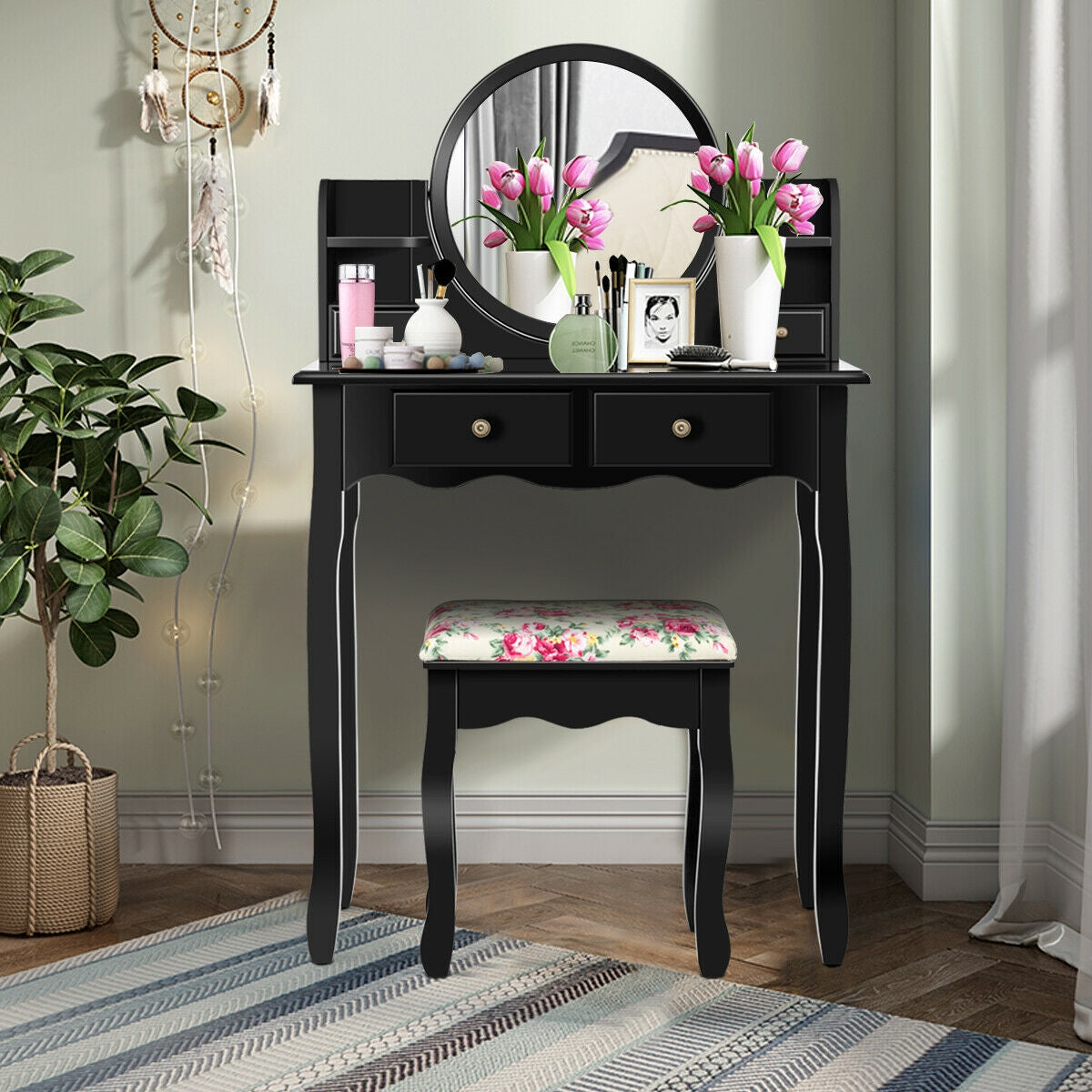 Makeup Vanity Table Set Girls Dressing Table with Drawers Oval Mirror, Black
