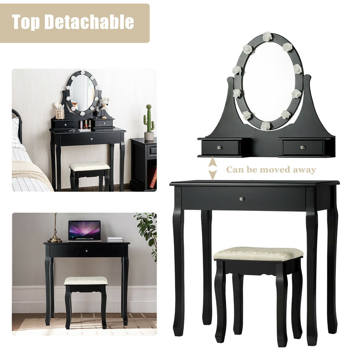Black vanity set with an oval bulb-framed mirror, two drawers, a matching stool, and room-view insets.