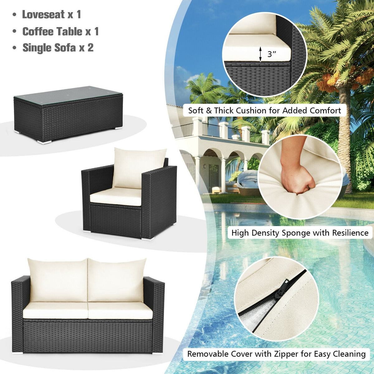 4Pcs Patio Rattan Cushioned Furniture Set