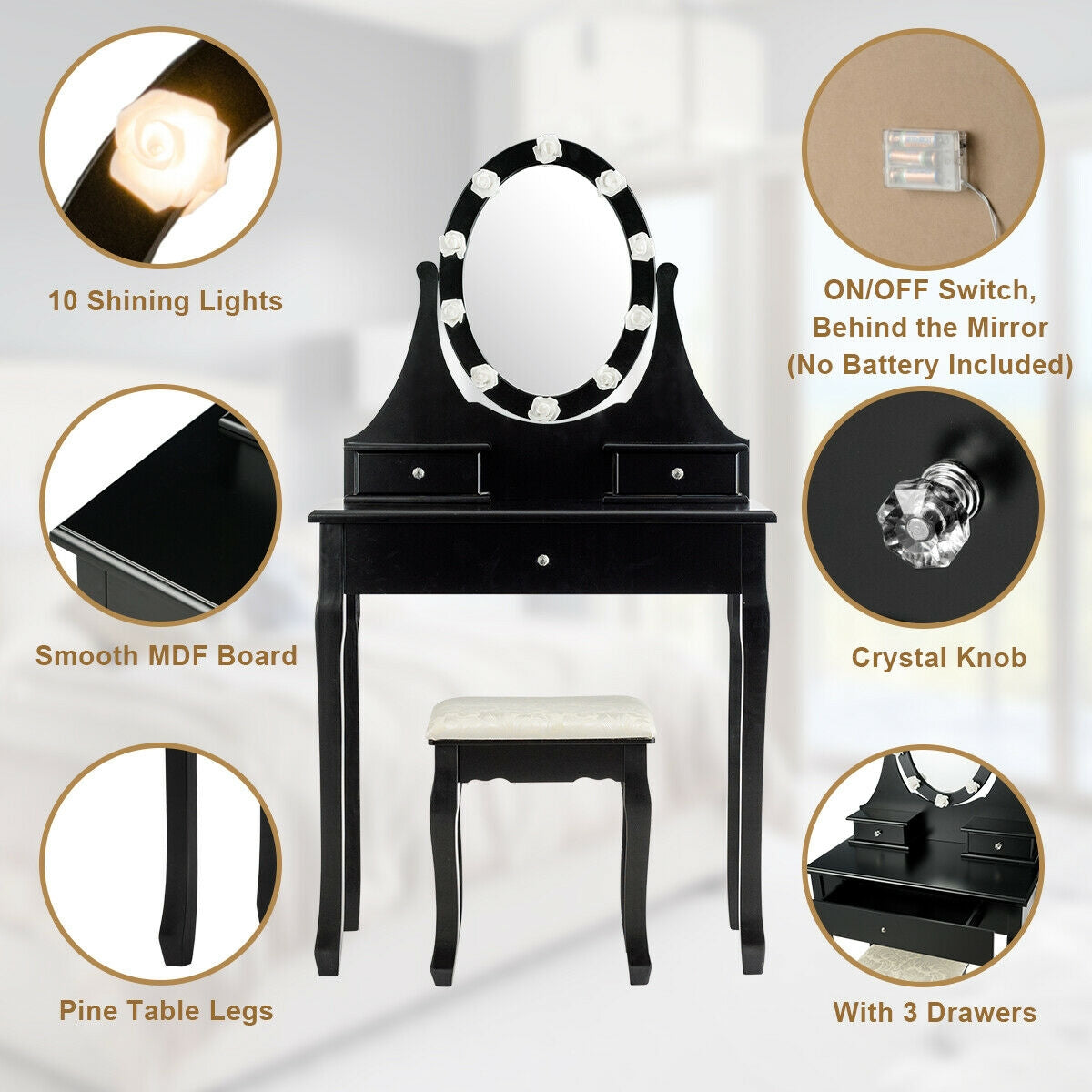 Front view of the black vanity and upholstered stool, surrounded by close-ups of the mirror lights, knobs, and legs.