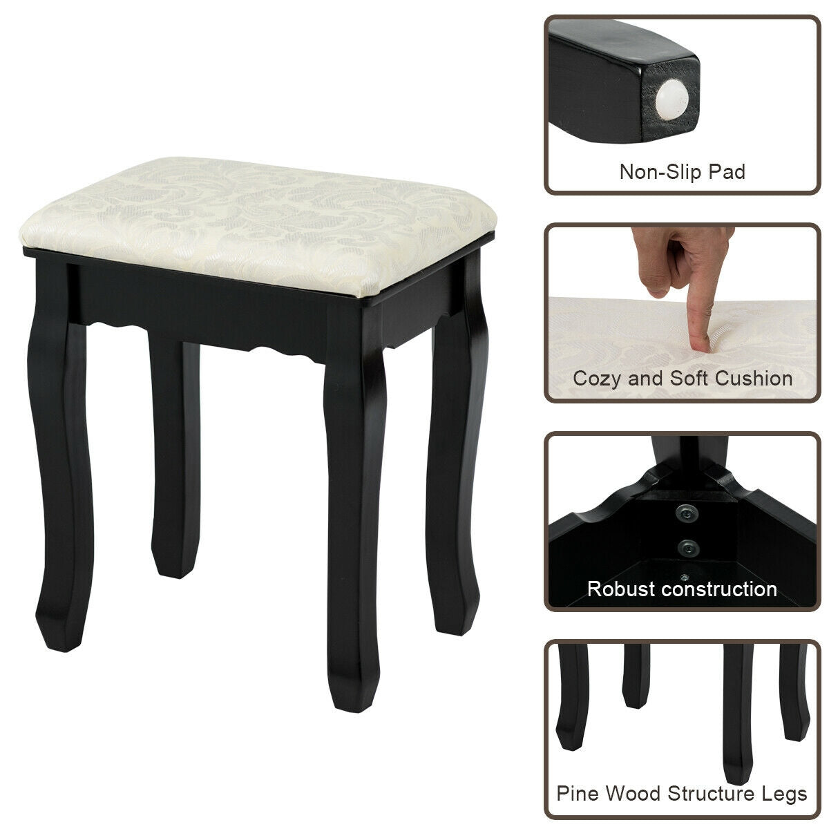 Close view of the black wooden stool with a pale patterned cushion and insets showing its feet and construction.