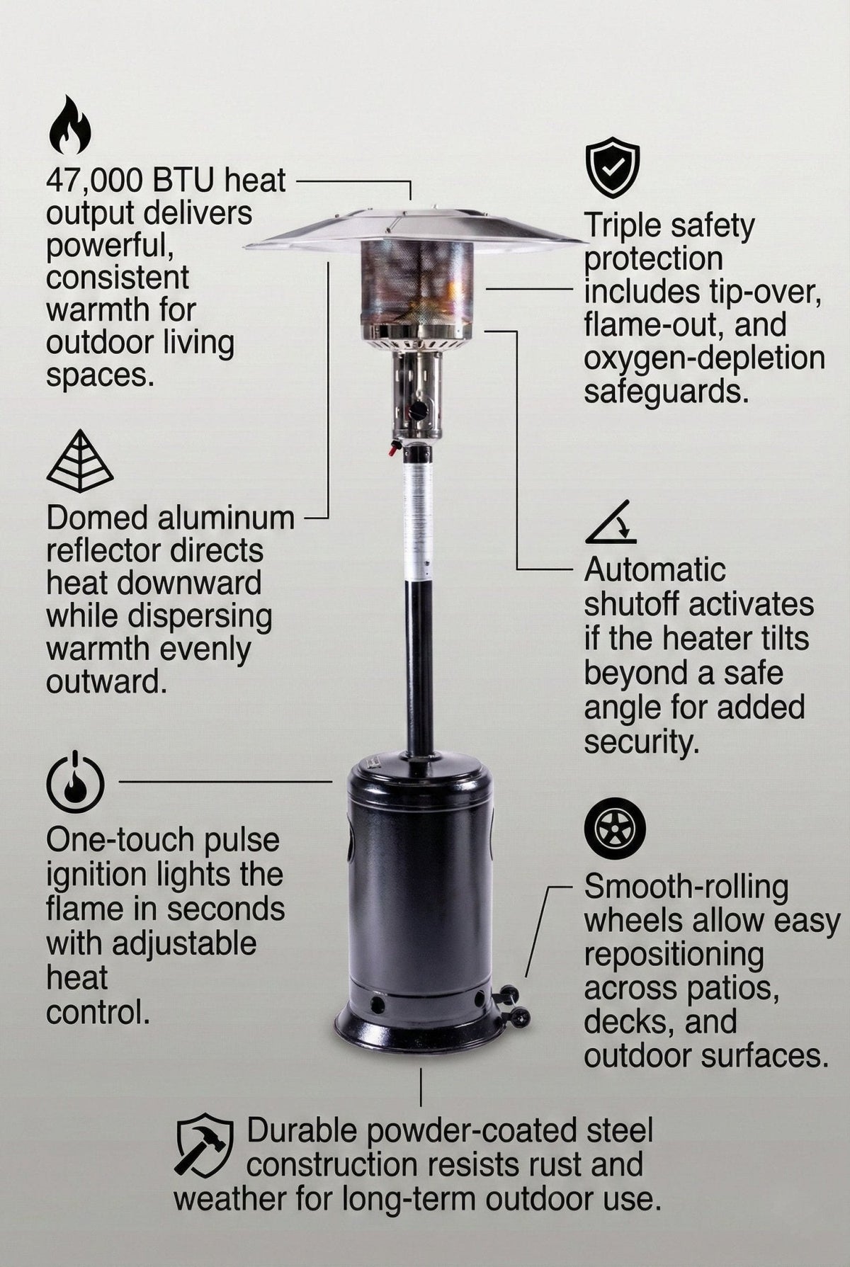 Solara Standing Patio Heater, Hammered Black