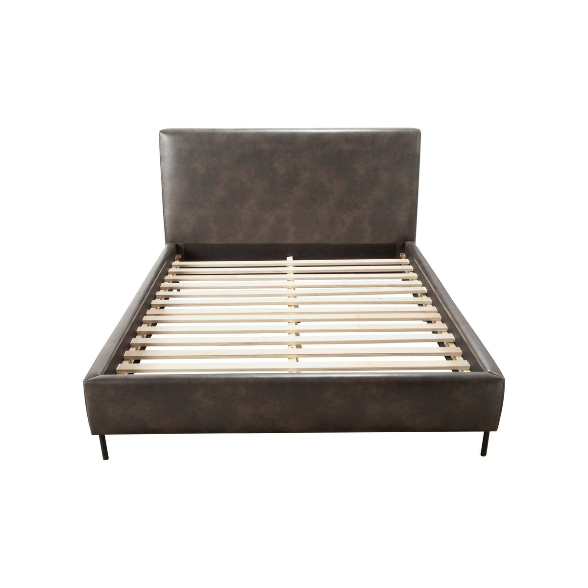 Platform bed viewed from the foot with the wooden slat base visible
