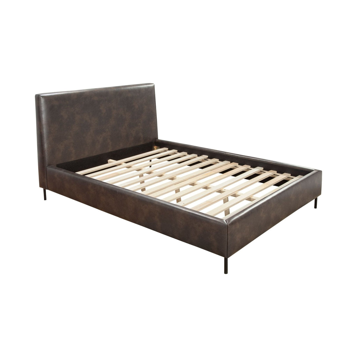 Angled view of the dark faux leather bed frame with its wooden slats exposed