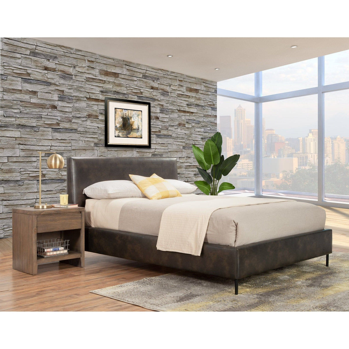 Sophia Full Faux Leather Platform Bed, Gray