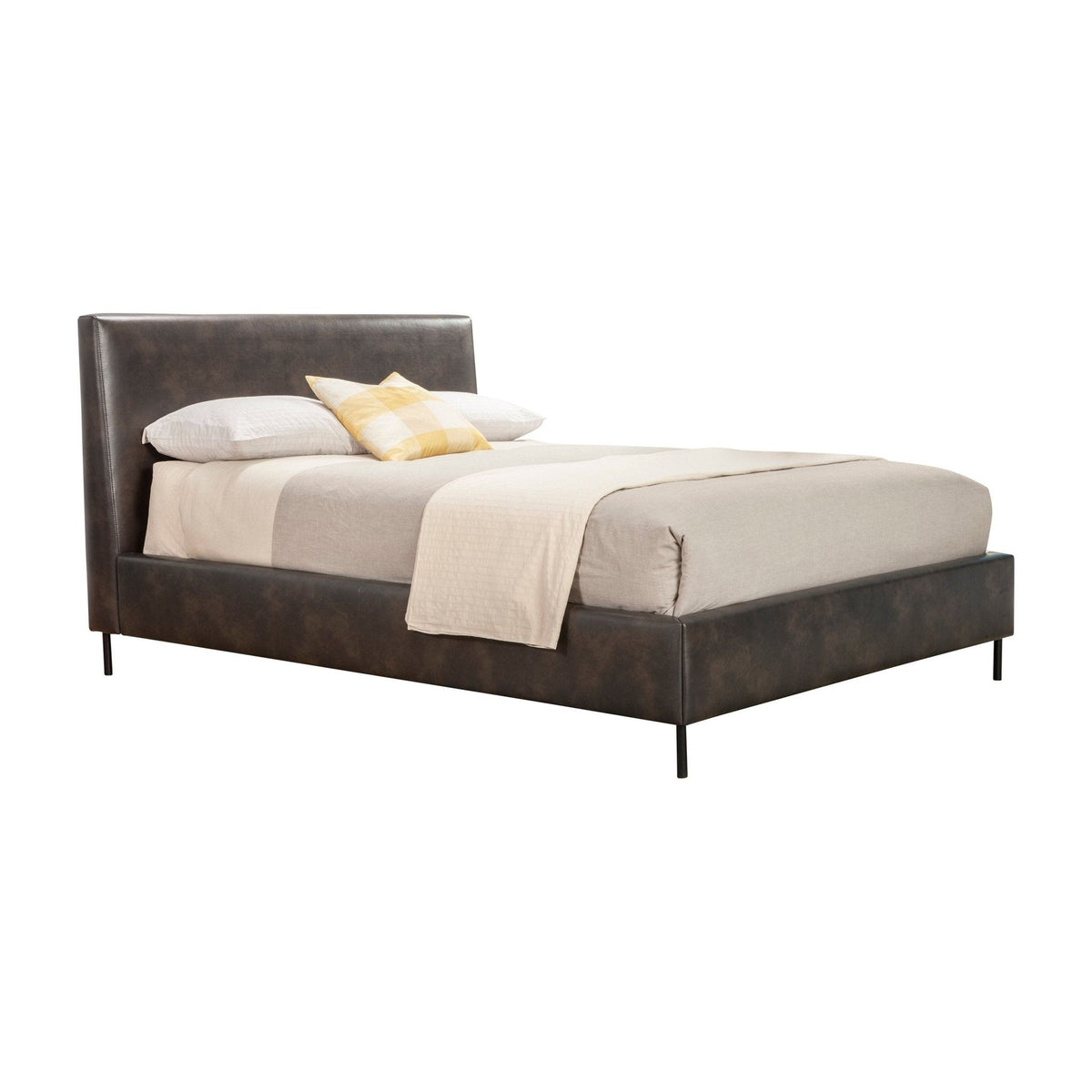 Dark faux leather platform bed in an angled front view on a white background