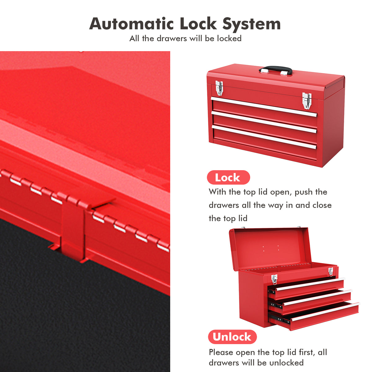 Portable Garage Mechanic Tool Cabinet Box with 3 Drawers