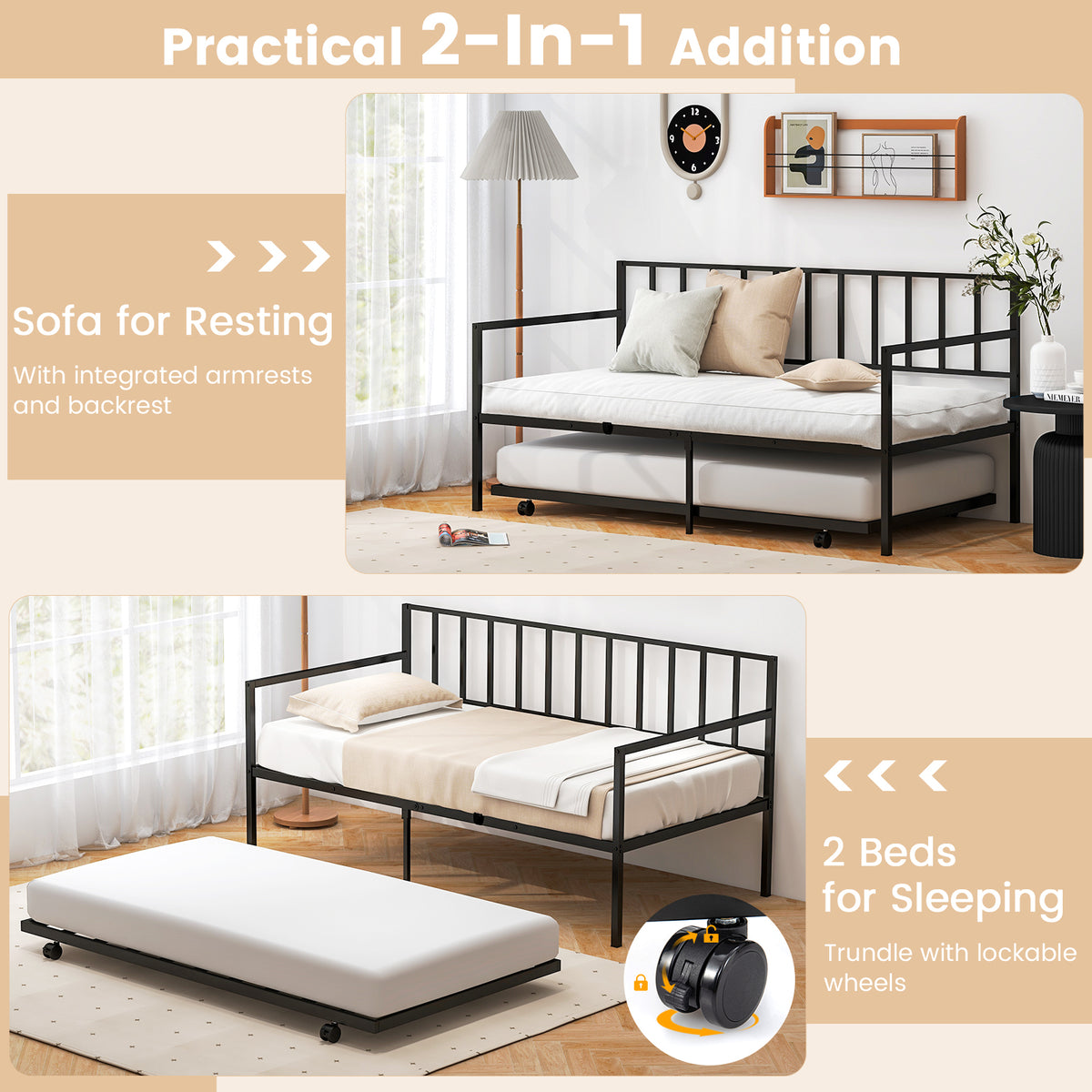 Twin Size Daybed and Trundle Frame Set Trundle Bedframe, Black