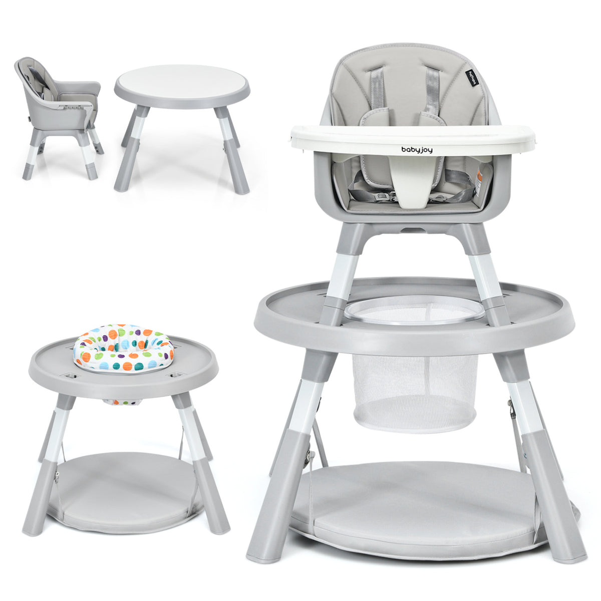 Gray highchair shown in several configurations, including a low chair and table set.