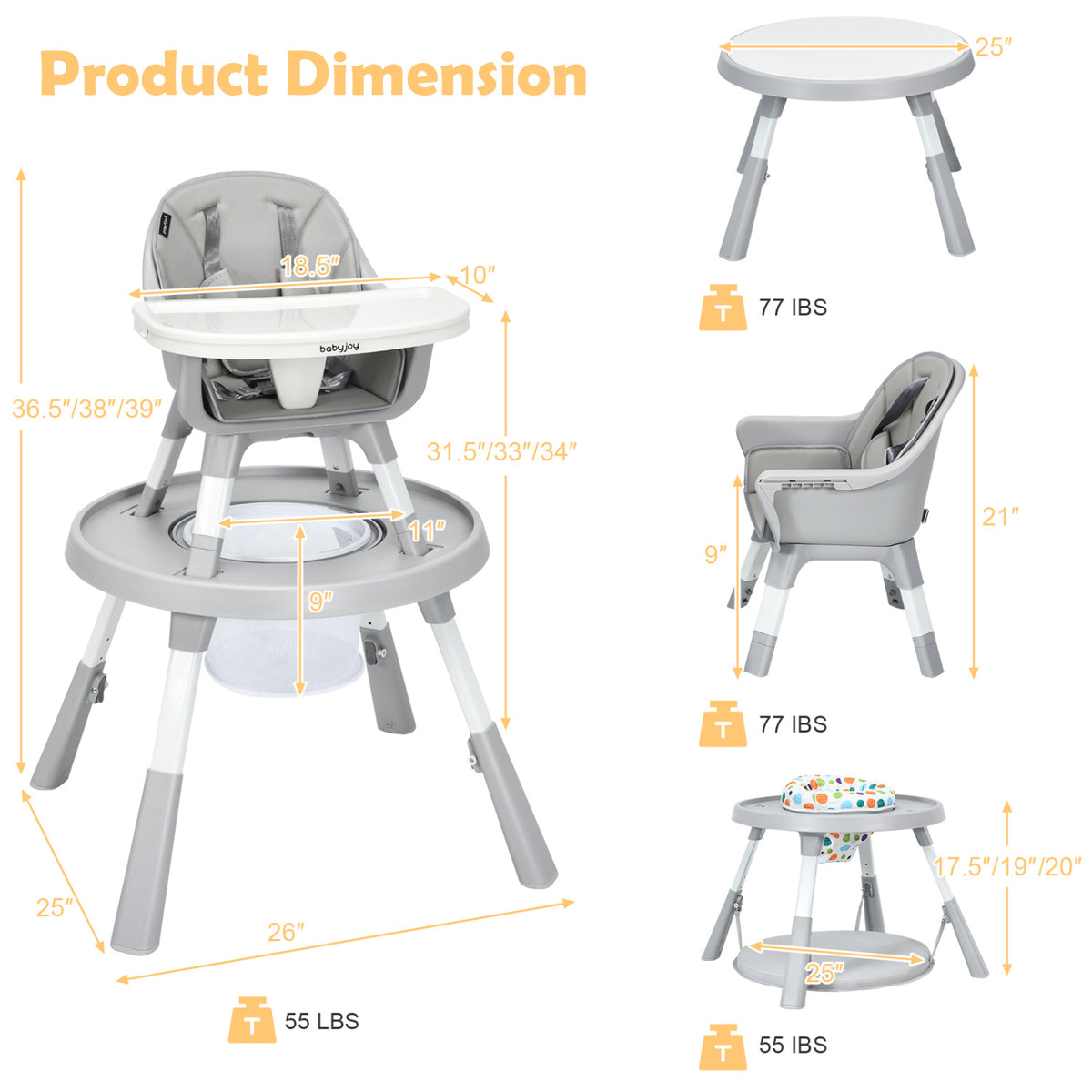 Dimension diagram shows the highchair and its configurations with measurement arrows.