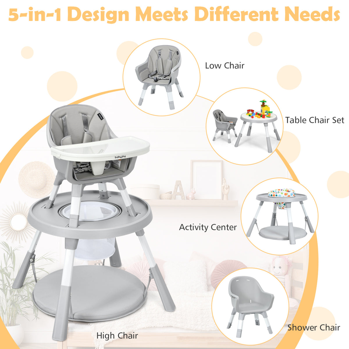 Gray high chair shown with a low-chair setup, table set, activity center, and shower-chair configuration.