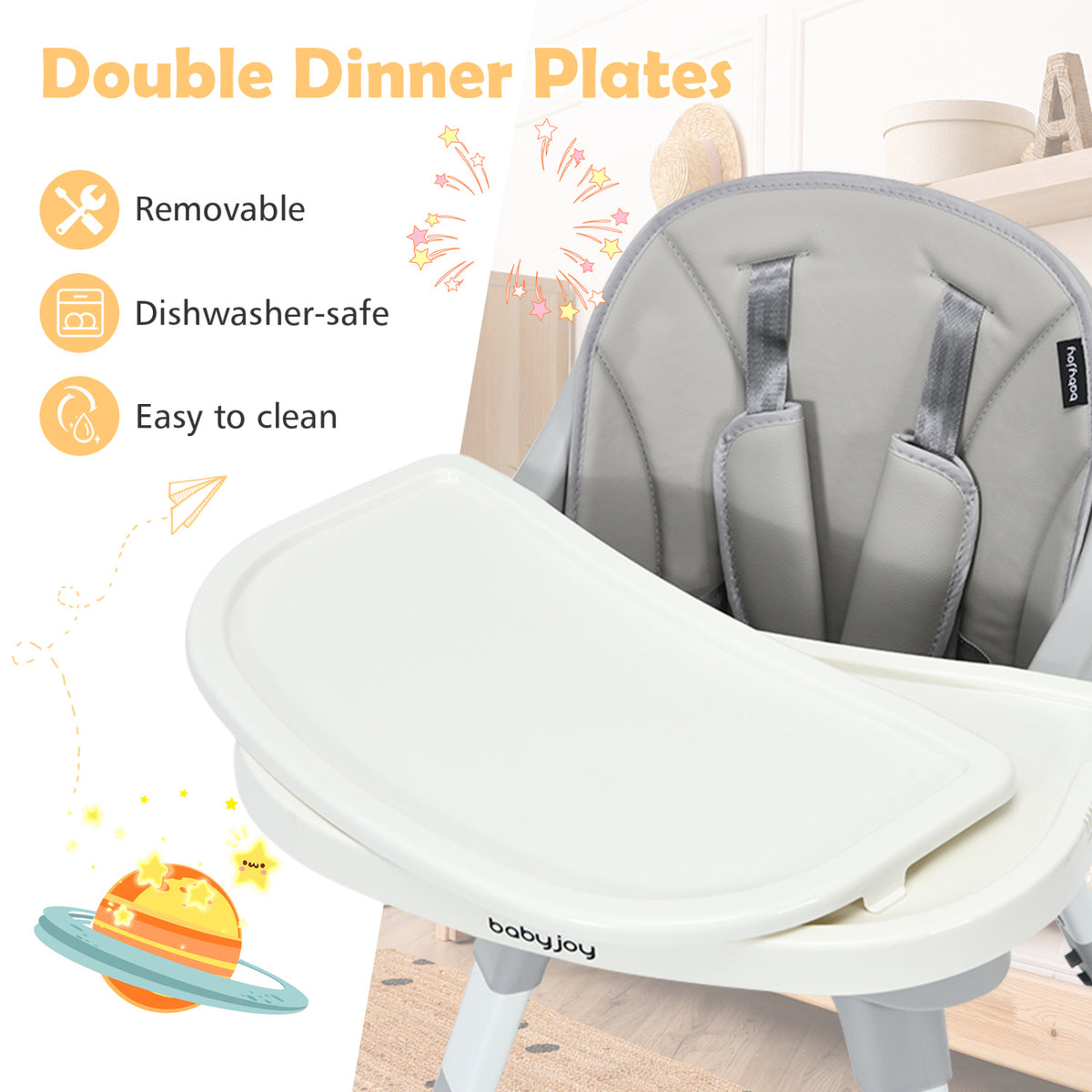 Close view of a white double tray in front of the gray padded high-chair seat and harness.