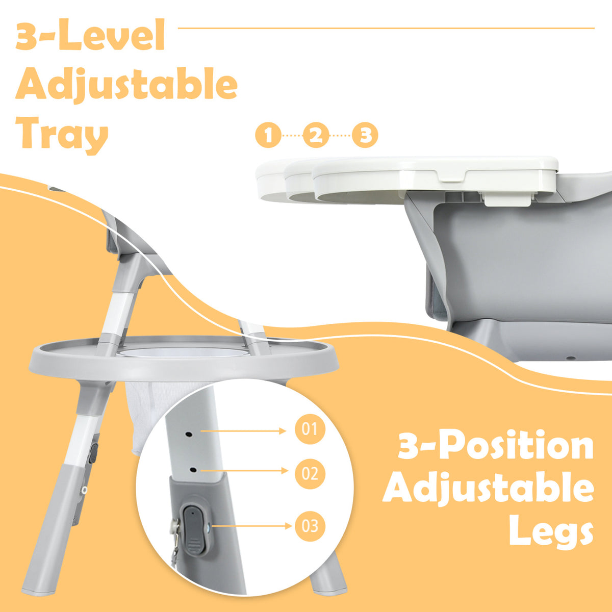 Side view highlighting the high chair's adjustable tray and leg positions.