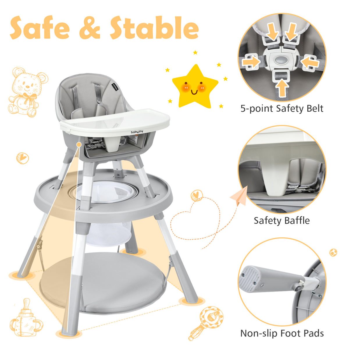 Gray high chair with close-up insets of the safety belt, seat baffle, and foot pads.