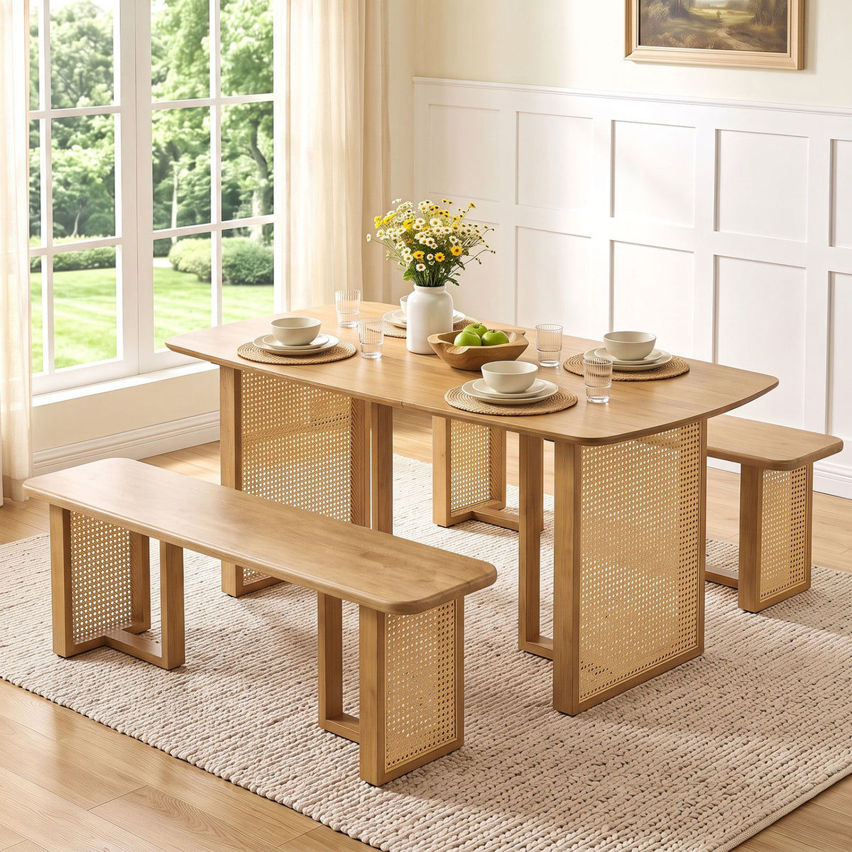 Natural wood dining table with two woven-panel benches in a bright dining room.