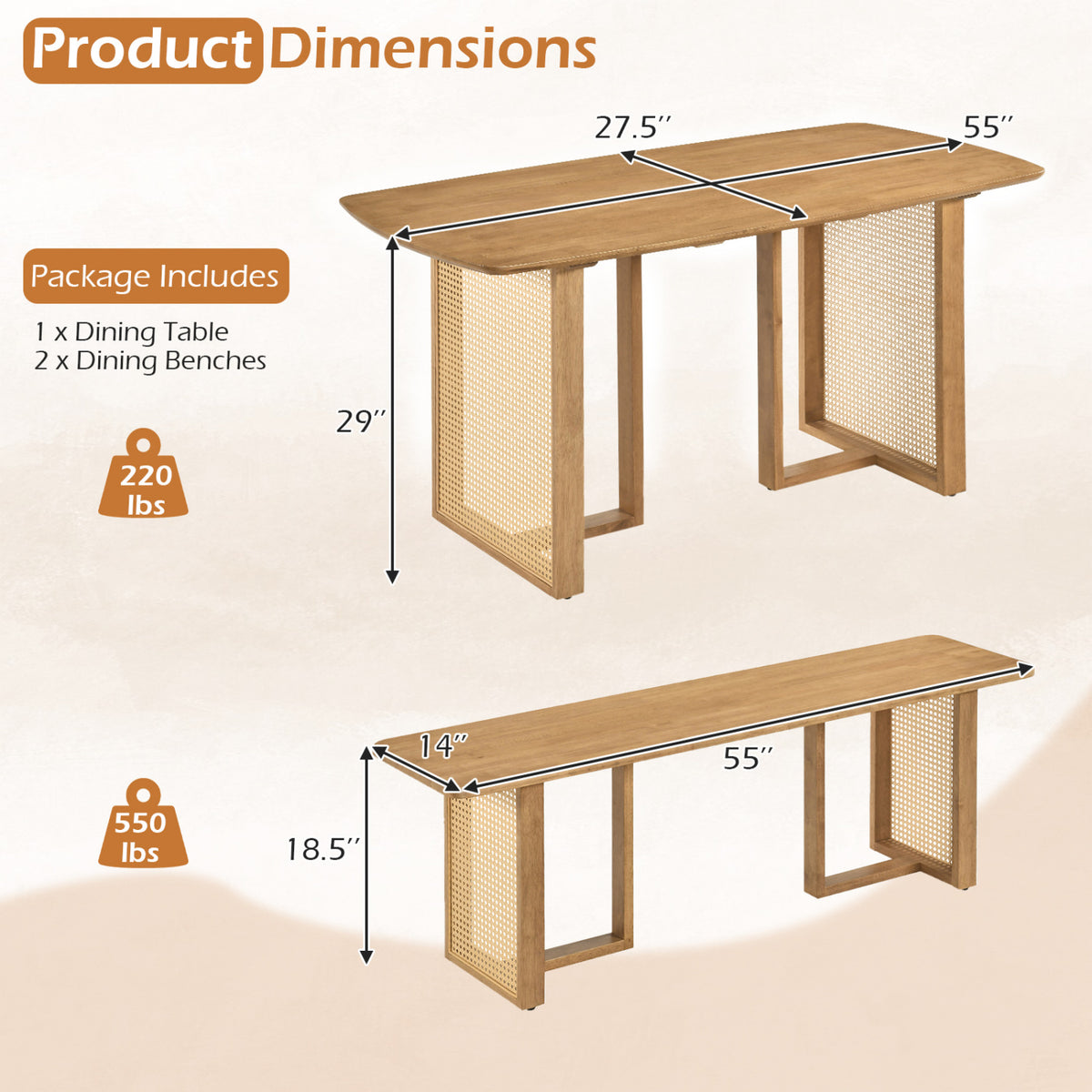 Diagram showing the table and benches separately with measurement arrows.