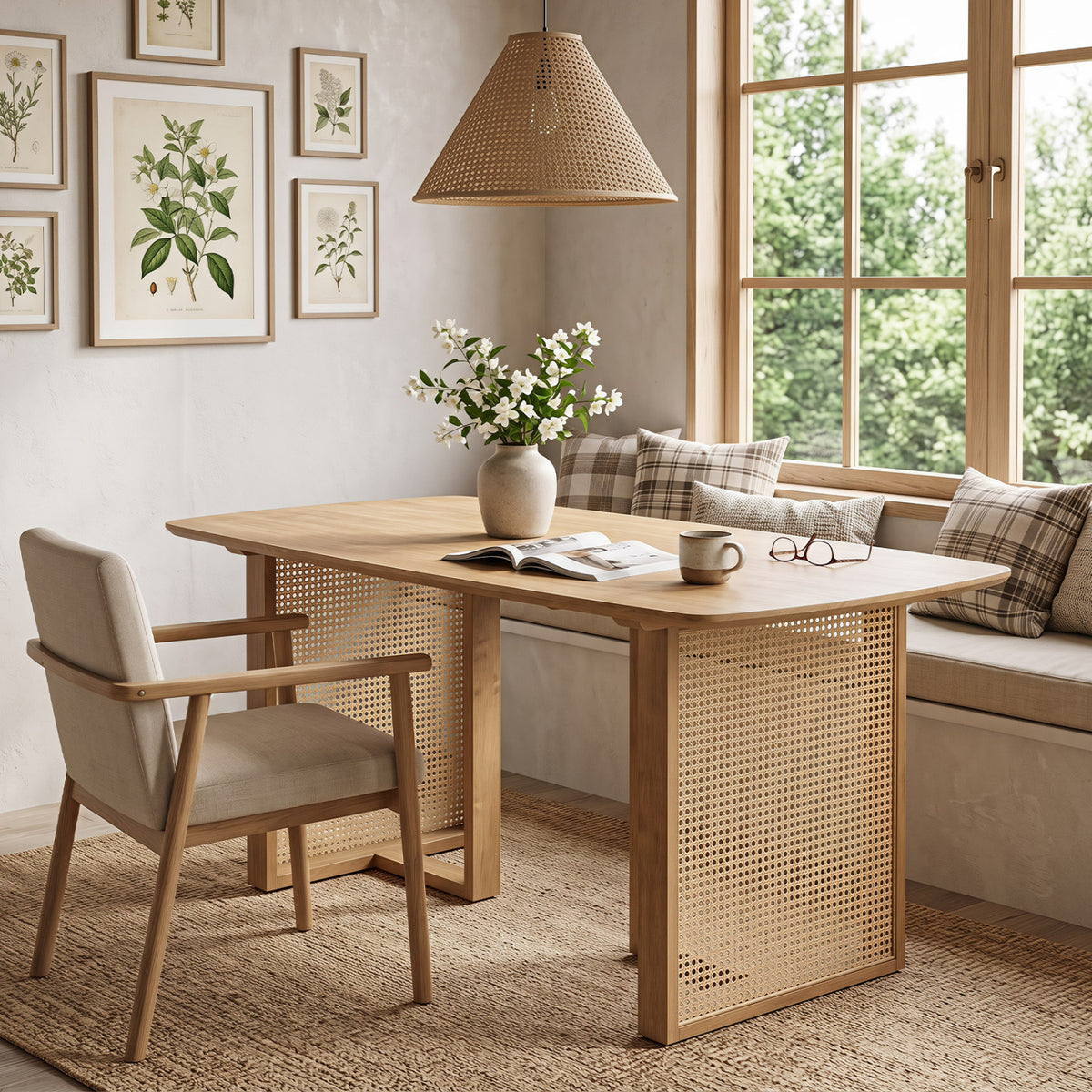 A woven-panel dining table is shown beside a window seat, with a chair and tabletop accessories.