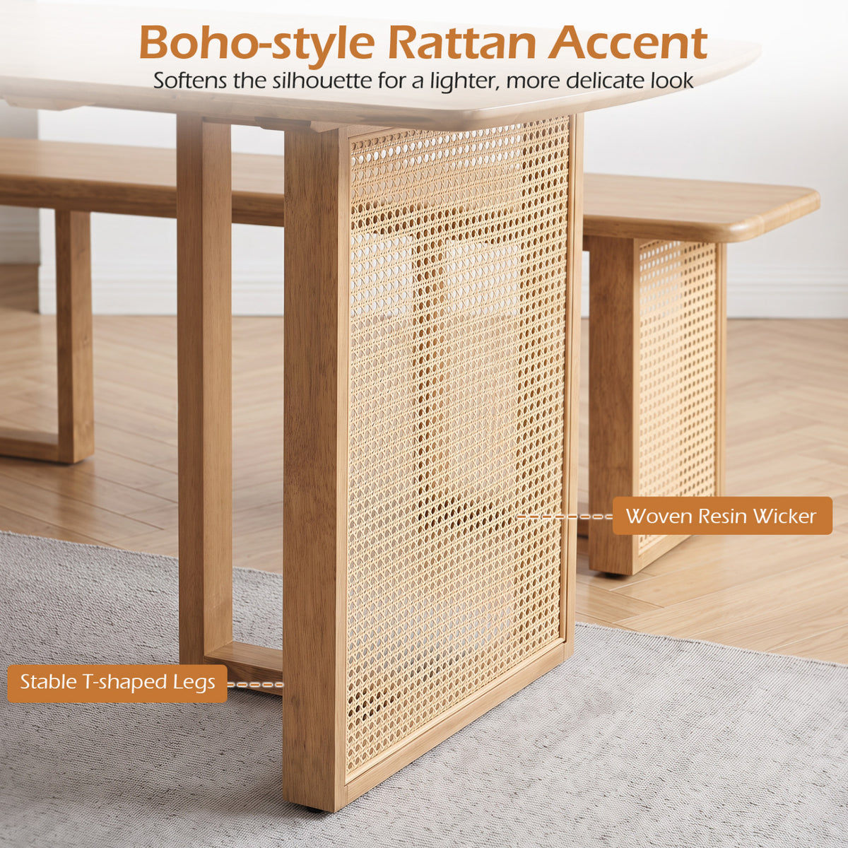 Close view of the table’s woven panels and wooden supports, with a matching bench visible behind it.