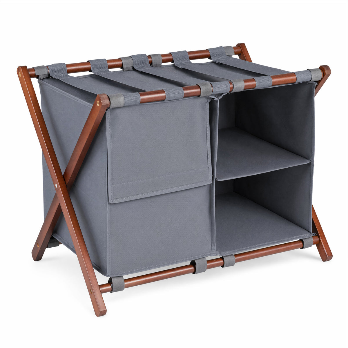 Gray compartmented luggage rack with walnut-toned crossed legs and fabric straps, shown empty against a white background.