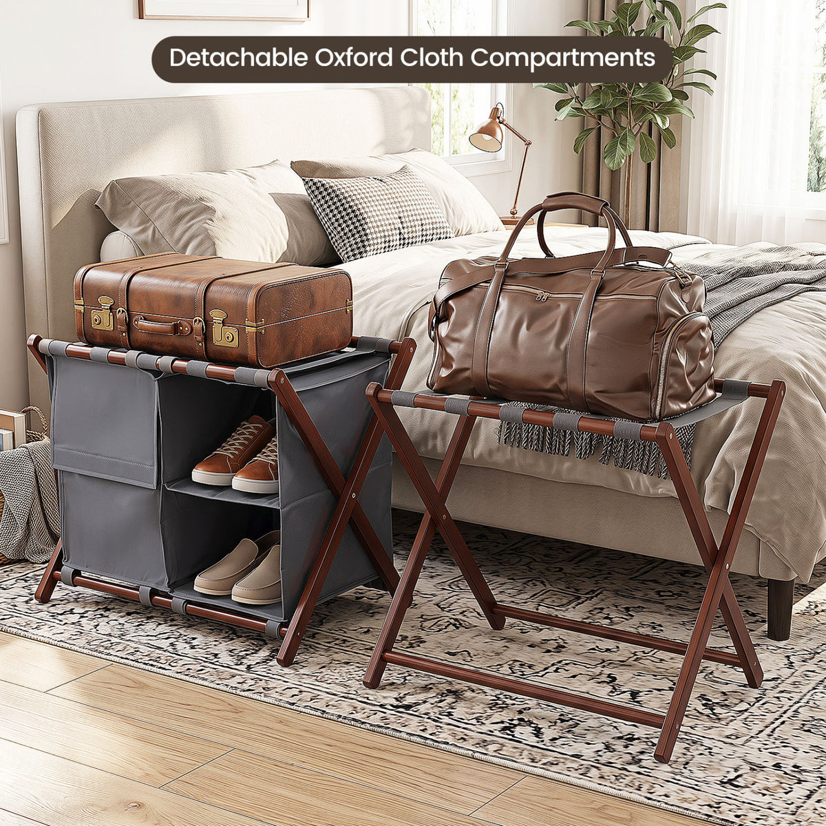 Bamboo luggage rack holds two suitcases beside a bed, with gray fabric compartments underneath.