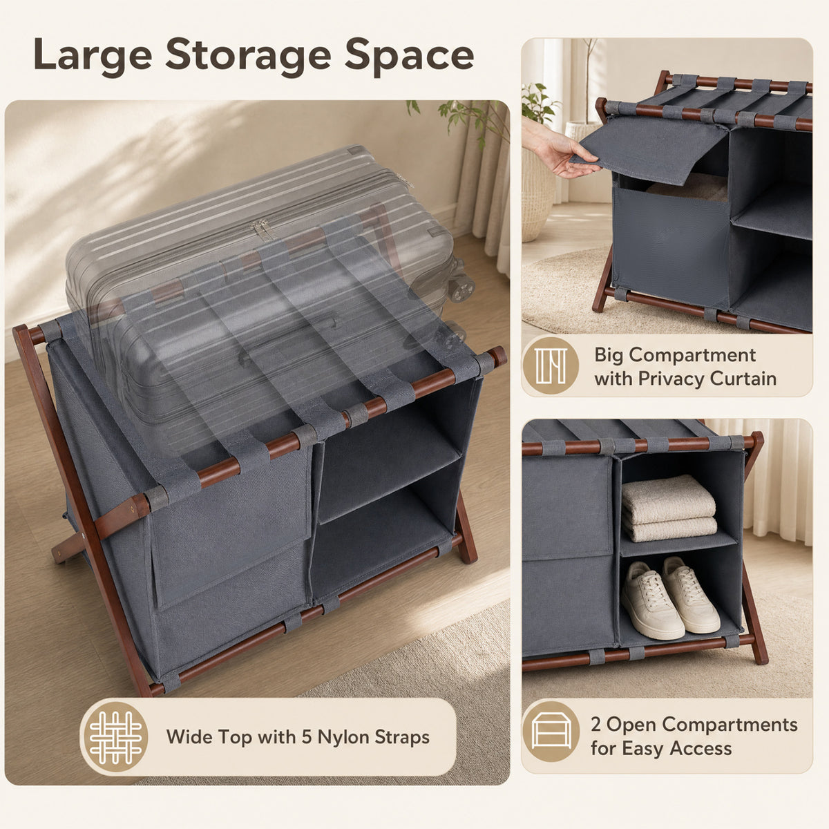 A suitcase rests on the strapped rack above gray compartments, shown with a curtain and open shelves.