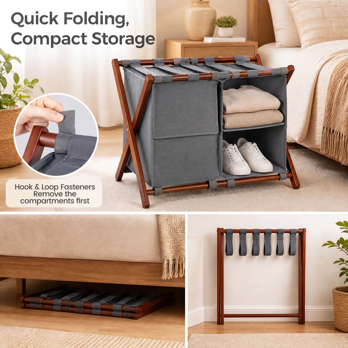 The rack is shown with fabric compartments, then folded flat beneath a bed and standing without them.