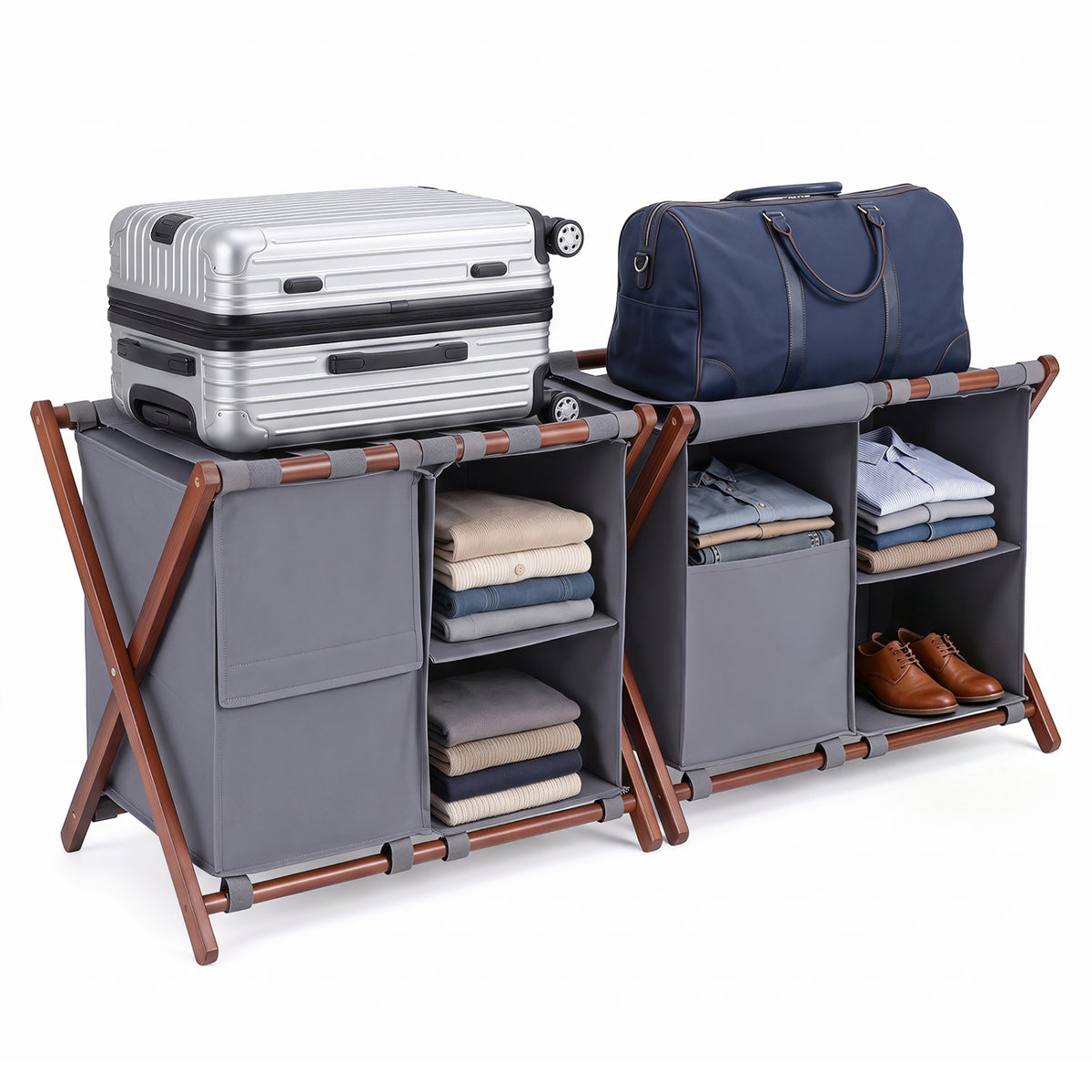 Two gray fabric luggage racks with brown frames are shown against a white background, topped with a suitcase and duffel bag.