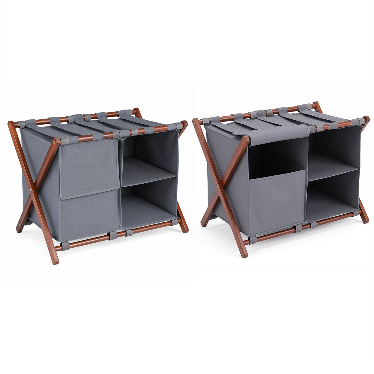 Two empty gray fabric luggage racks with brown frames show different shelf and hanging-strap arrangements.