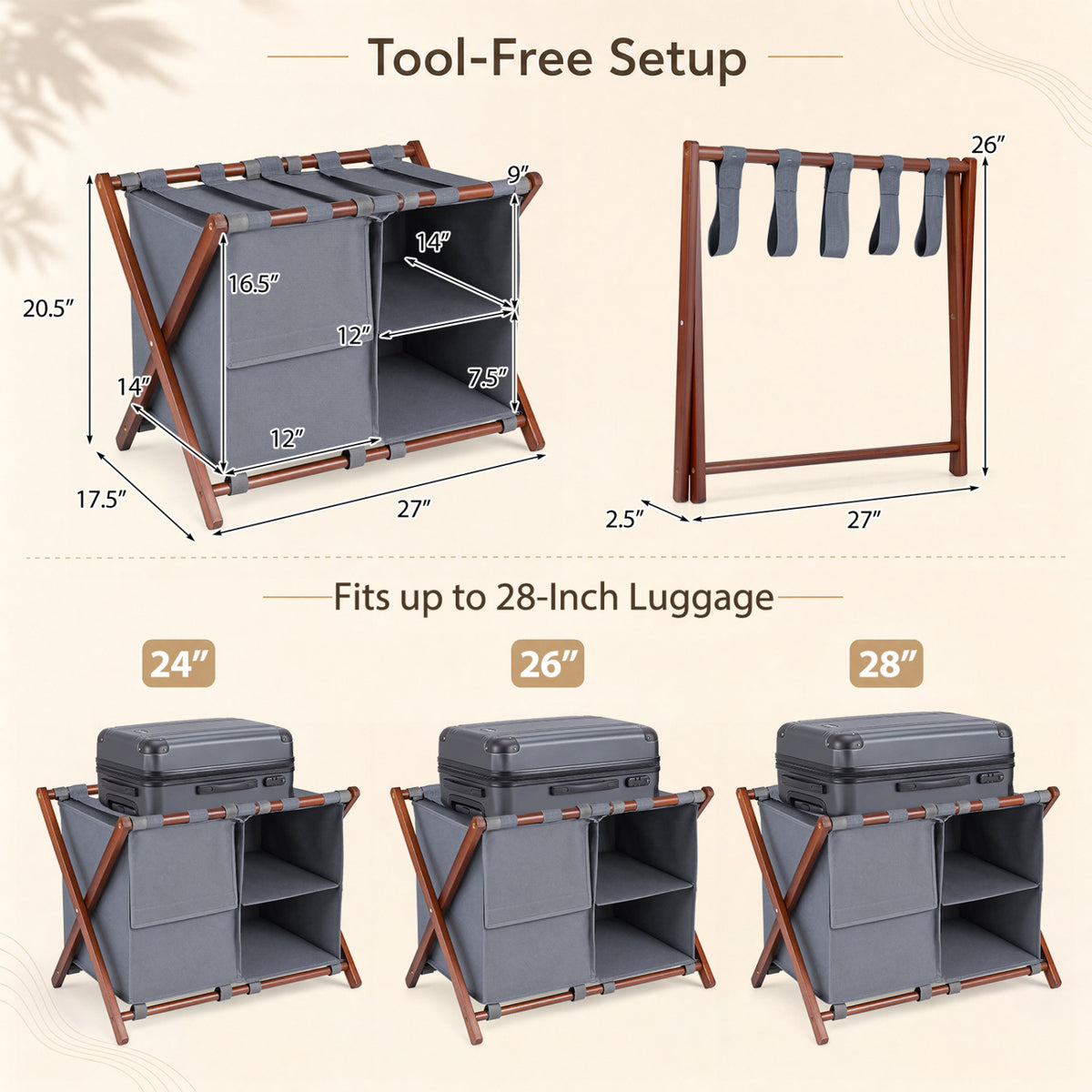 Illustrated views show a gray luggage rack with measurement lines and examples holding suitcases of several sizes.